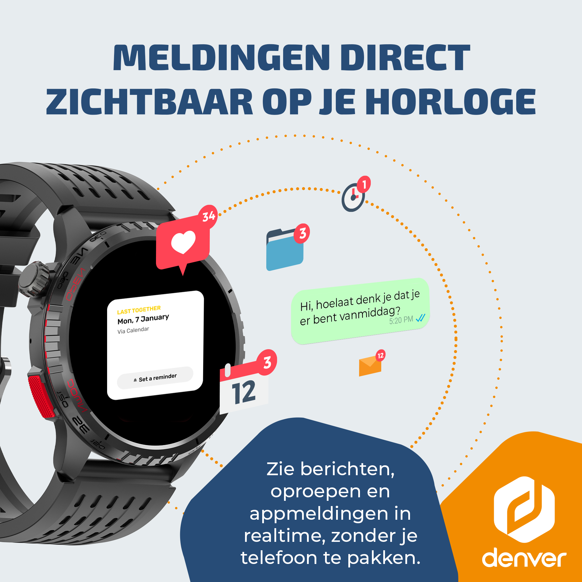 Smartwatch toont meldingen: kalender, chat, klok, e-mail.
