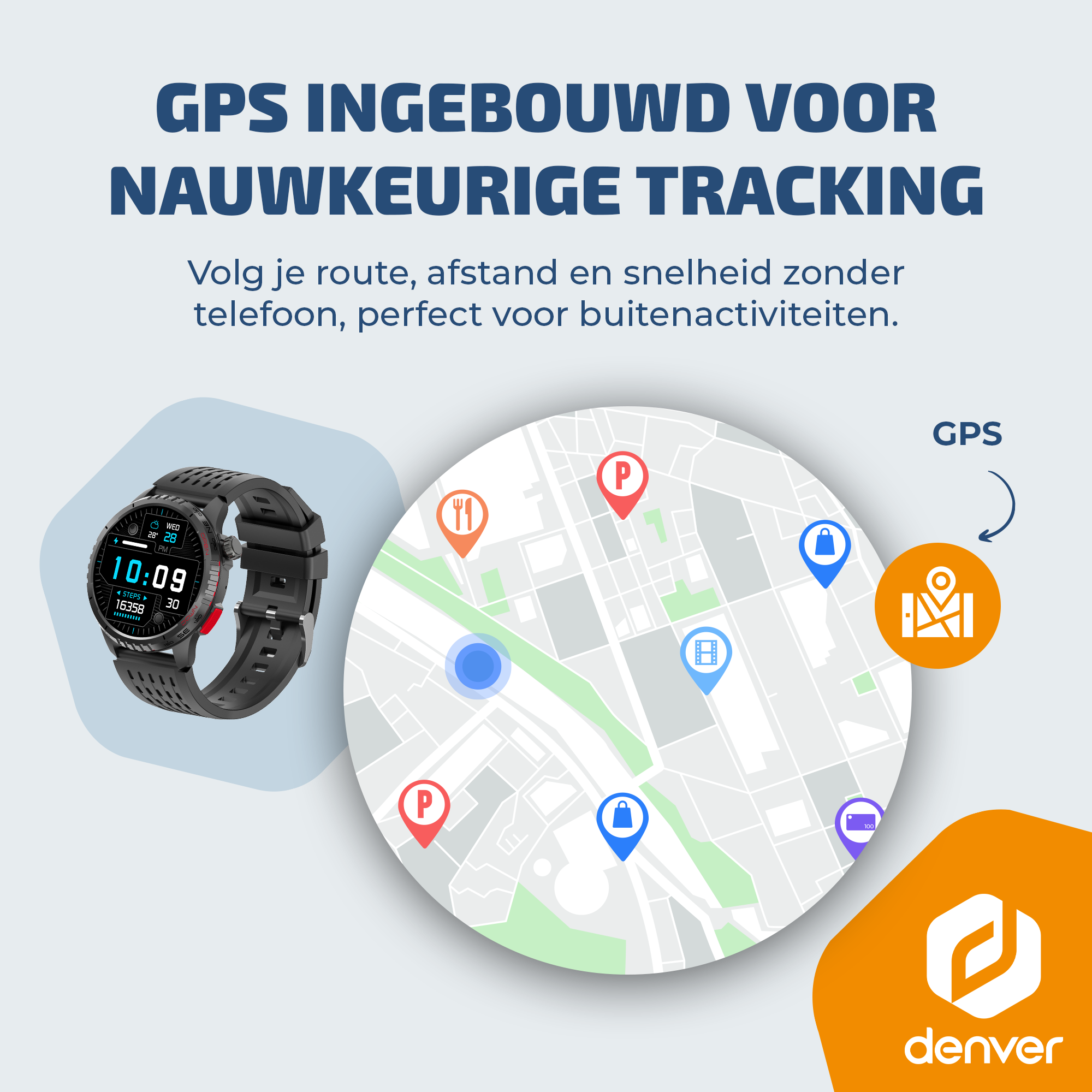 Zwarte en grijze smartwatch met GPS-kaart die locaties toont.