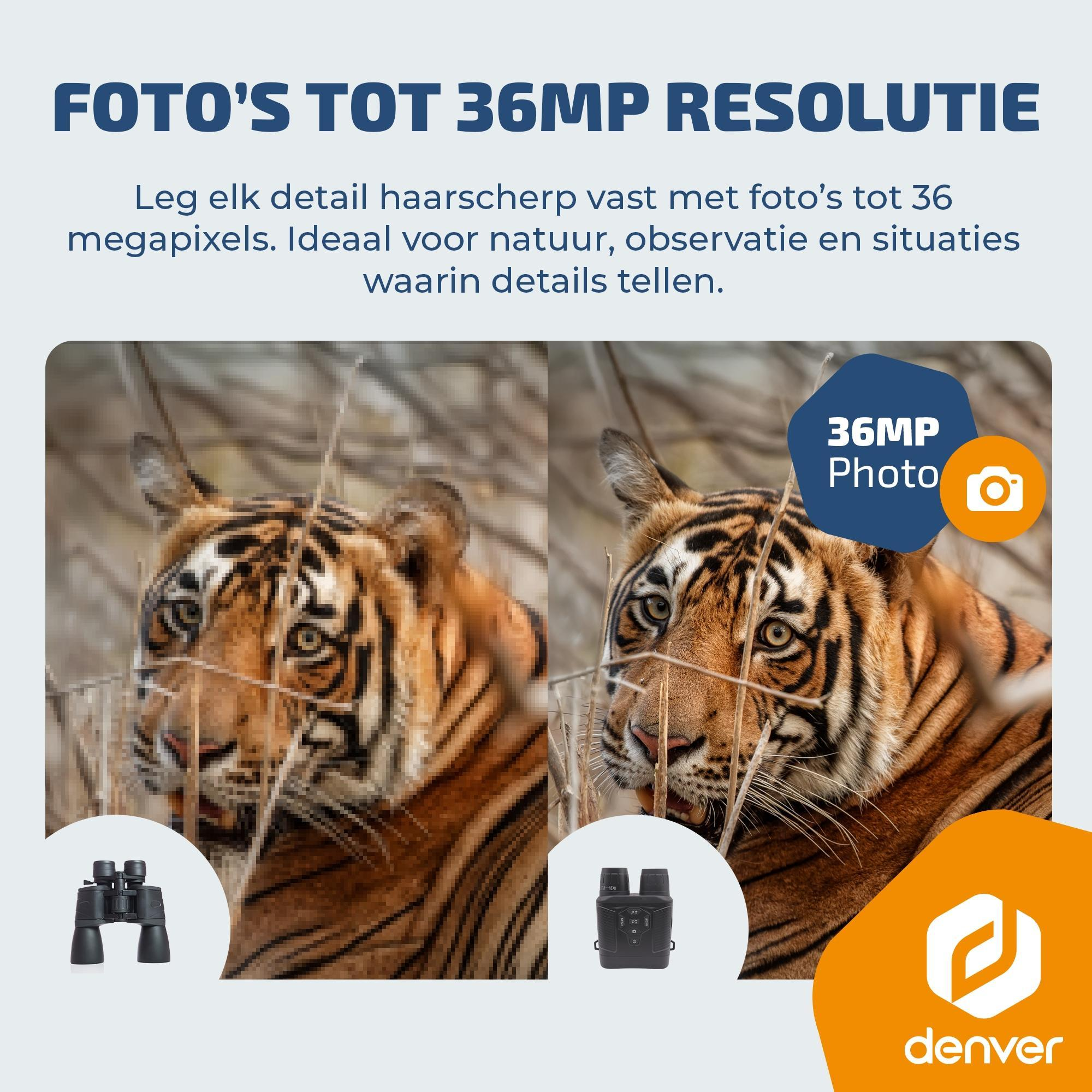 Tiger head shown pixelated left, sharp right. Binoculars pictured. 36MP photo.