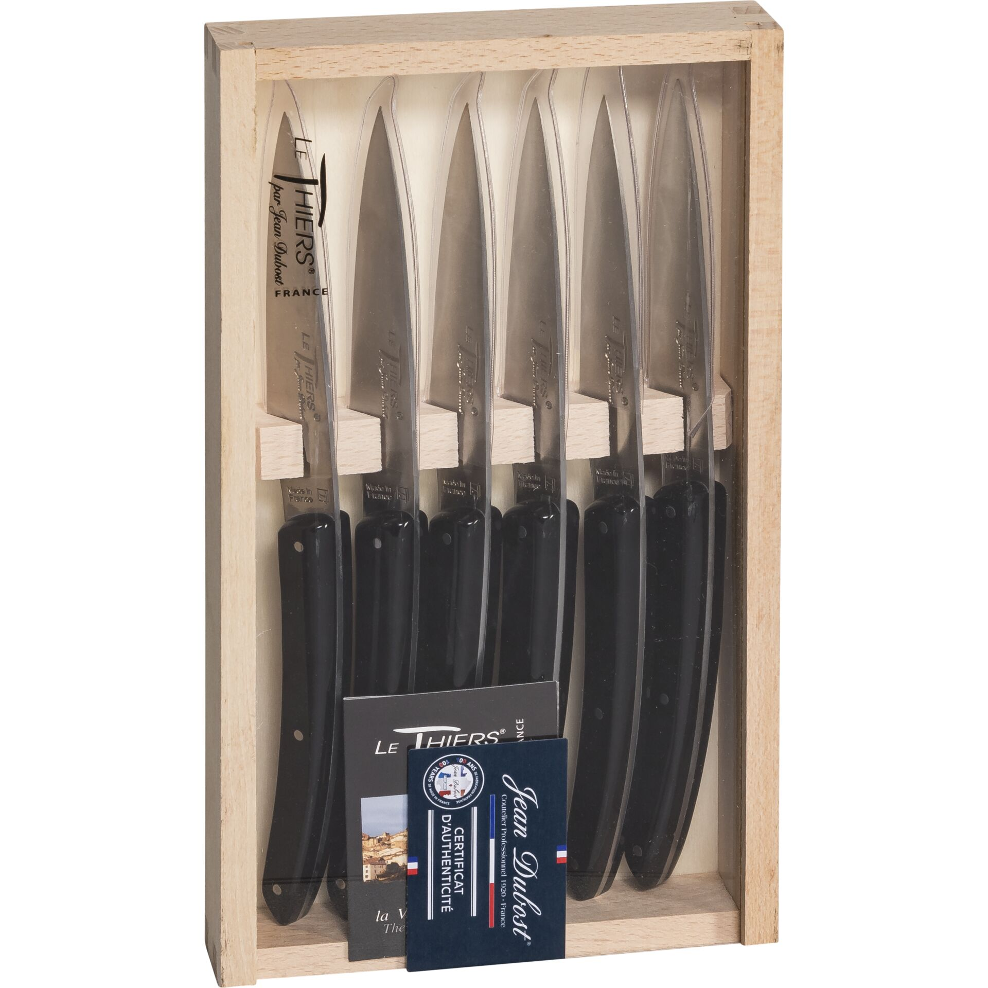 Ein Holzkasten mit sechs Messern mit schwarzen Griffen und silbernen Klingen.