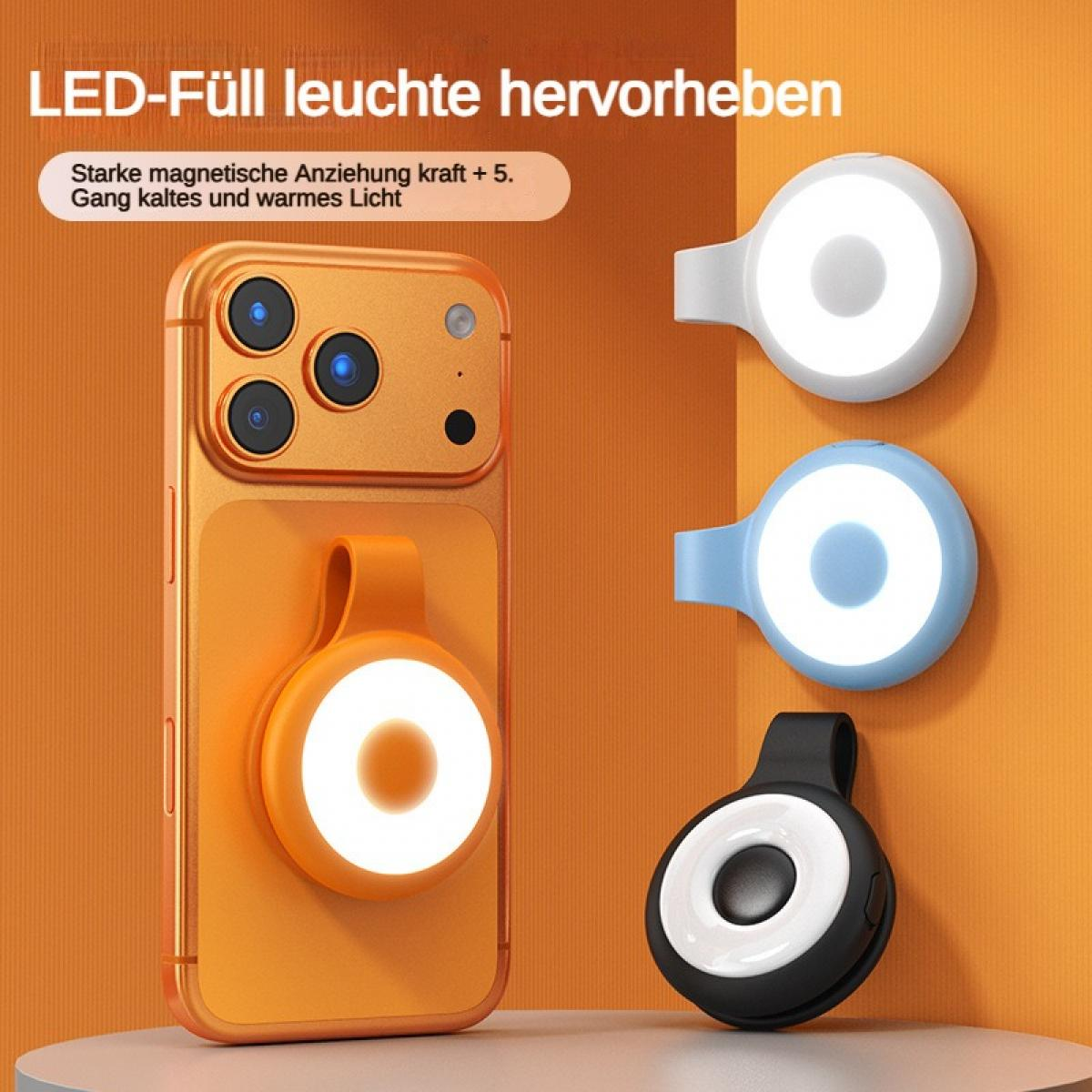 Orange Handyhülle mit magnetischer LED-Leuchte, daneben weiße, blaue und schwarze Leuchten.