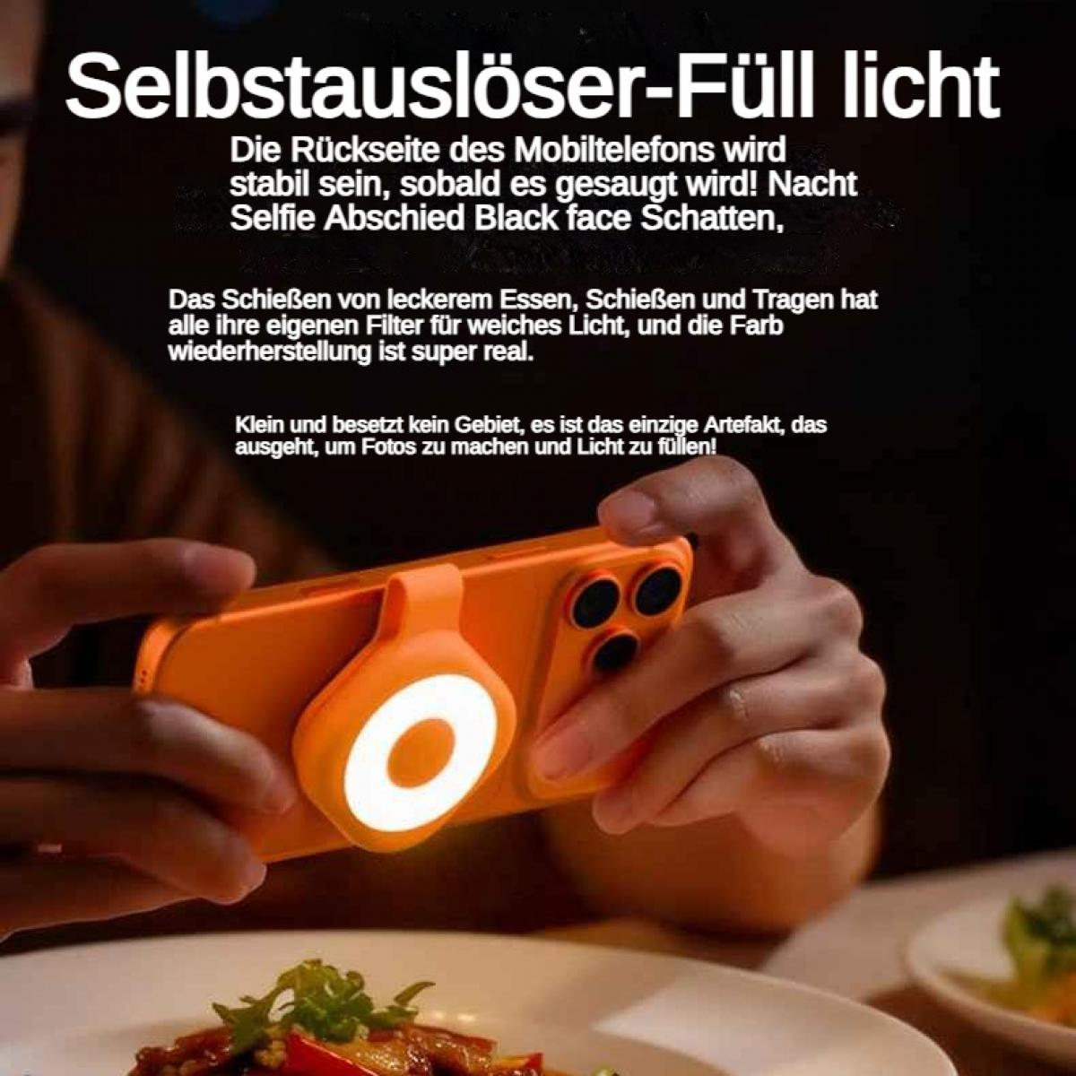Eine Person hält ein oranges Smartphone mit einem Ringlicht für Selfies.