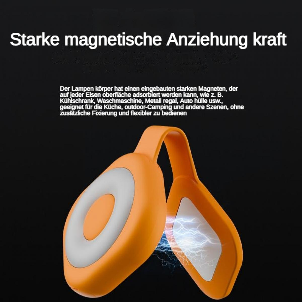 Orange Lampe mit Magnetfunktion, die an Metalloberflächen haftet.