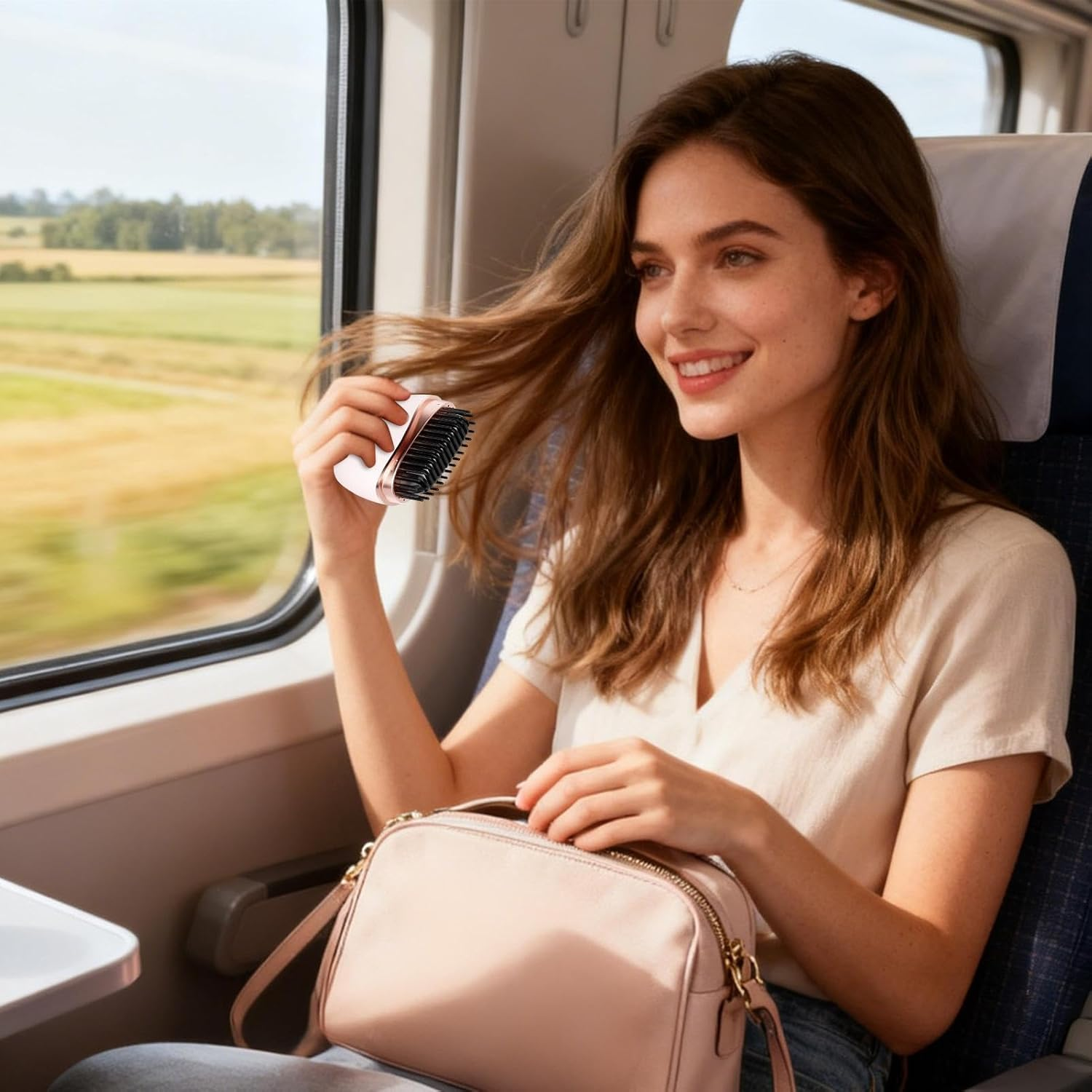 Frau kämmt sich auf Zugfahrt Haare mit Bürste, rosafarbene Tasche auf Schoß.