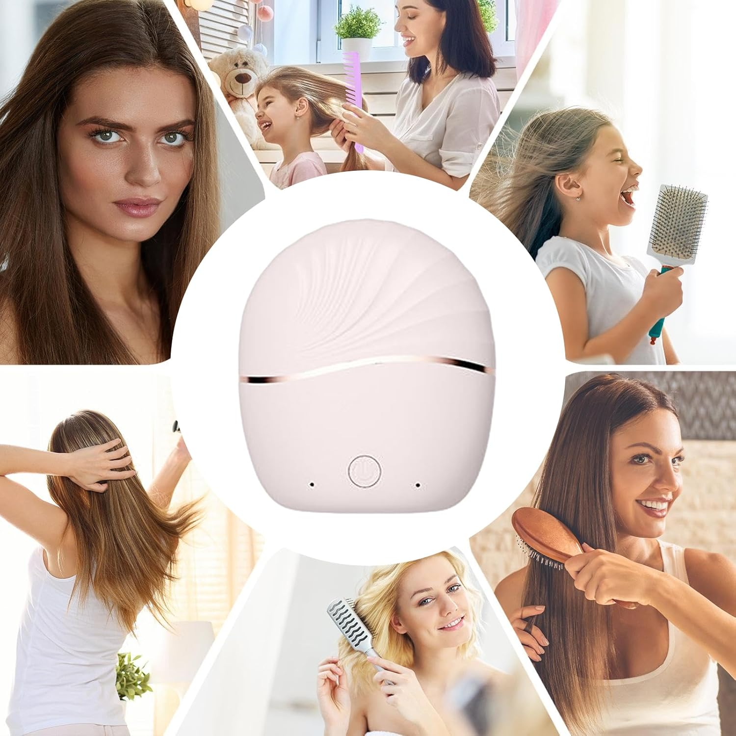 Collage zeigt Frauen und Mädchen beim Bürsten ihrer Haare und ein zentrales Gerät.