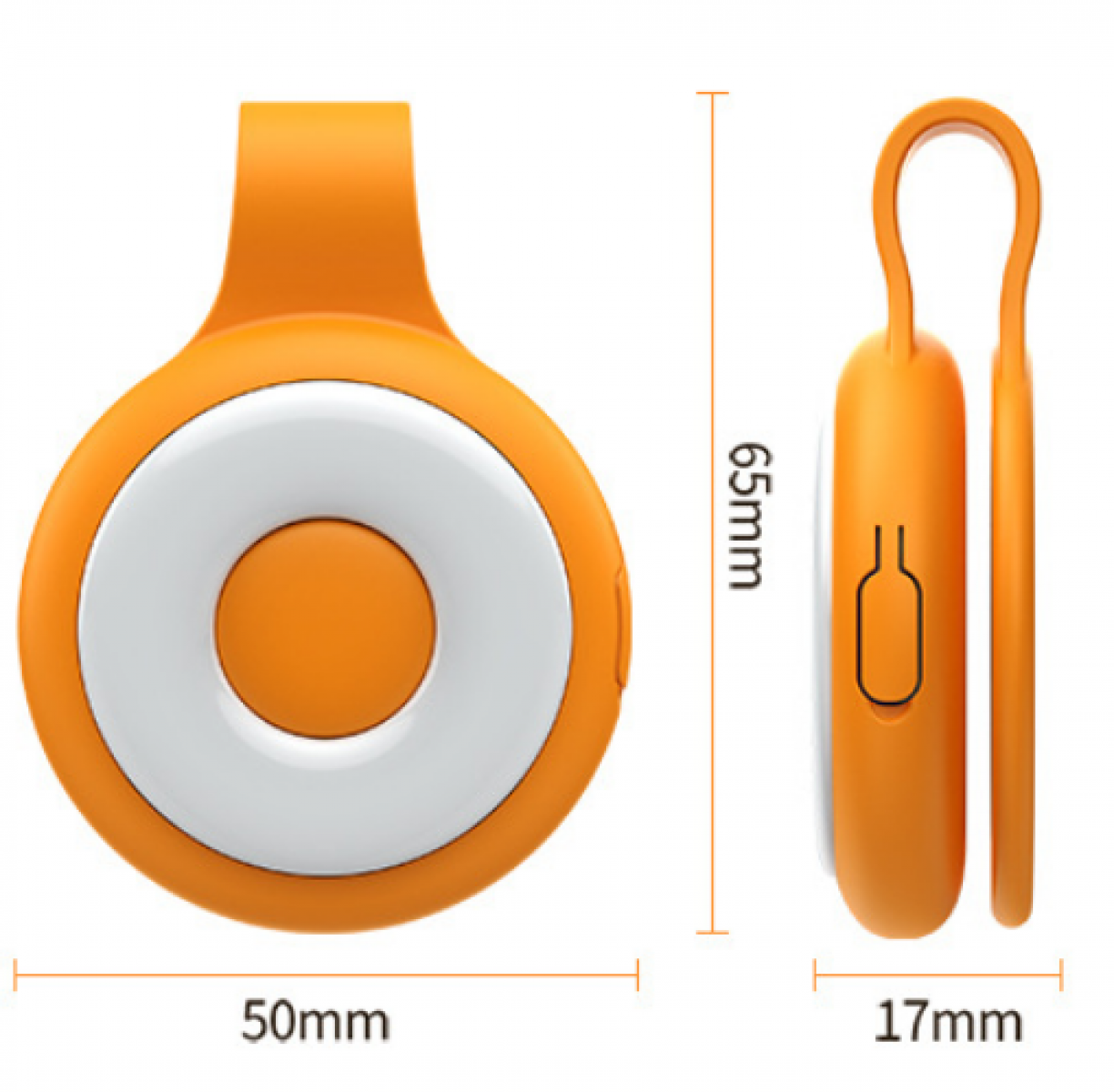 Orangefarbenes Gerät mit weißem Ring, 50mm breit, 65mm hoch, 17mm tief.