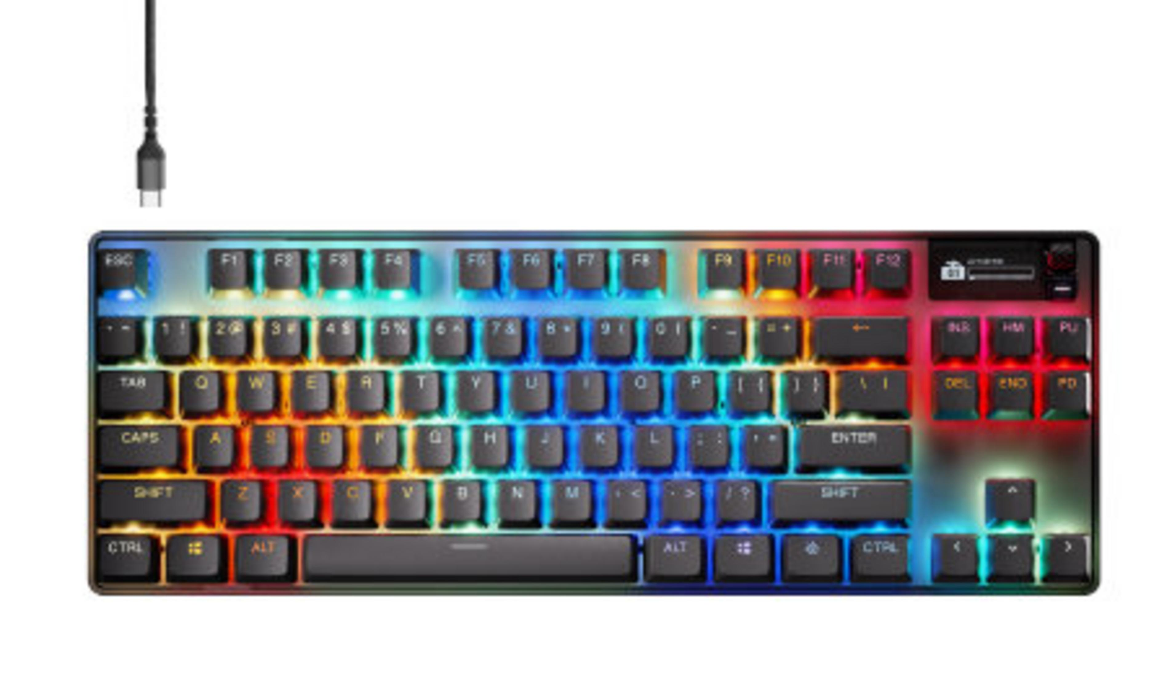 Czarna klawiatura z podświetleniem RGB i złączem USB-C.