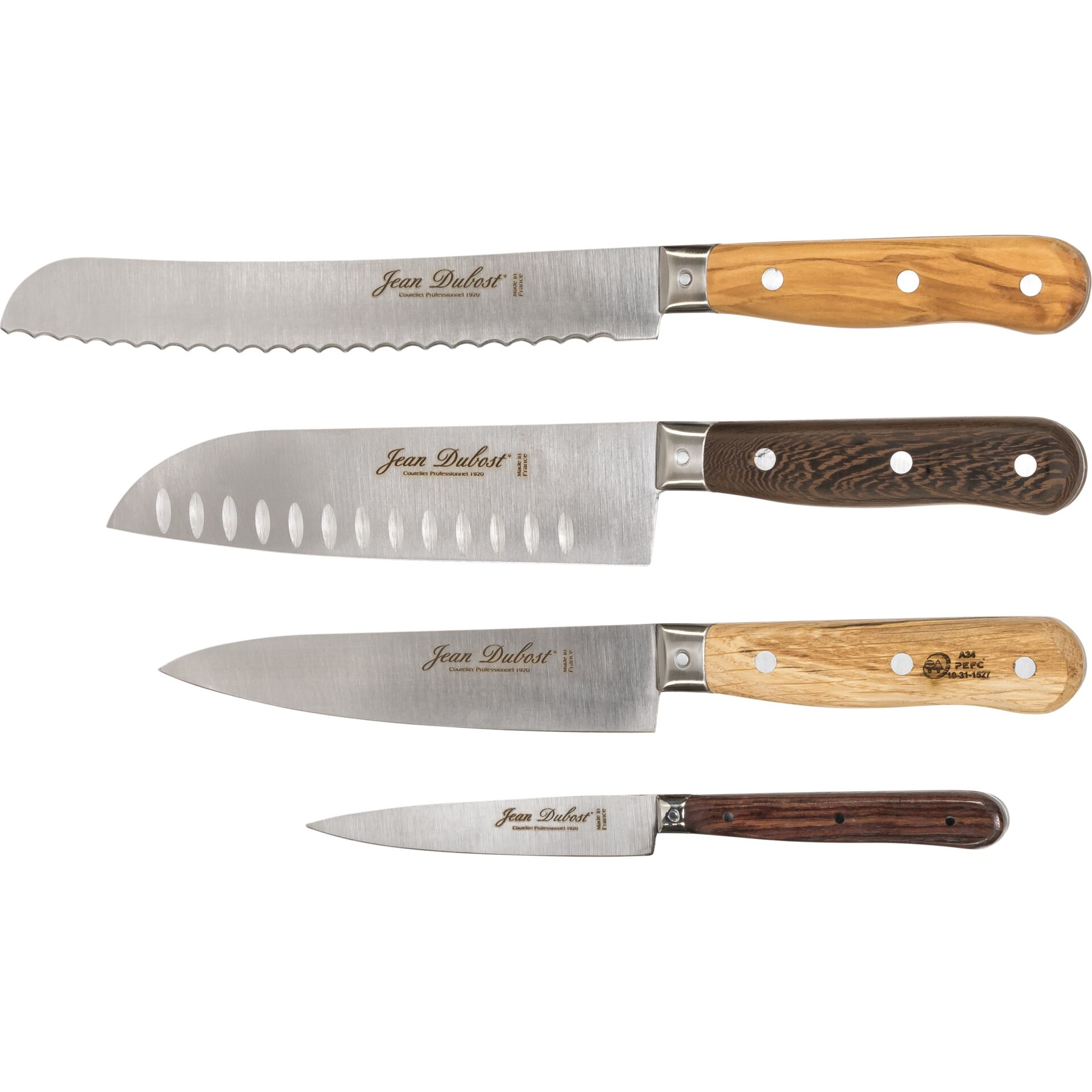 Vier Jean Dubost Messer mit Holzbeschichtung.