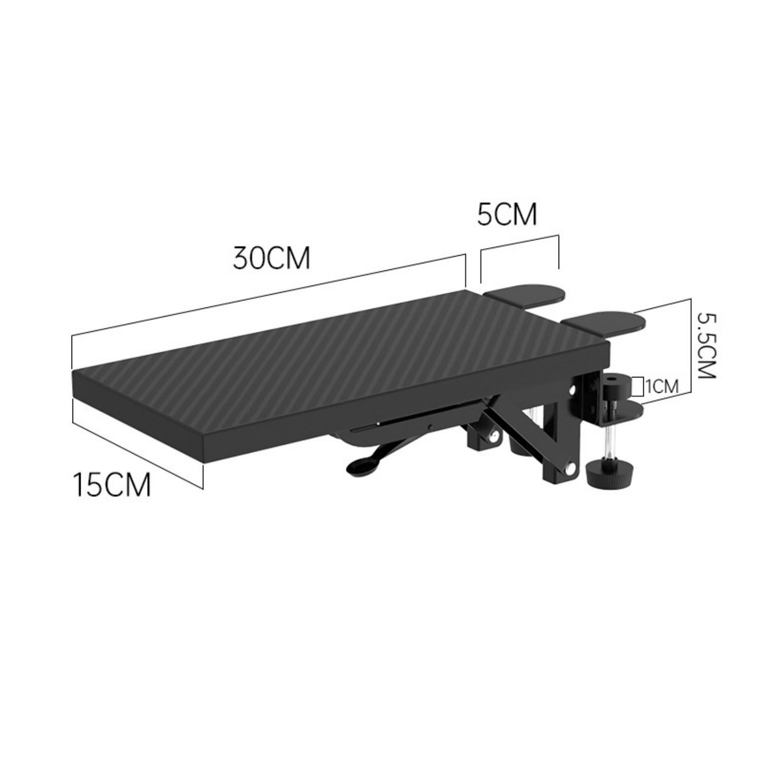 Schwarze Monitorerweiterung mit Maßen 30x15x5,5cm und Klemme.