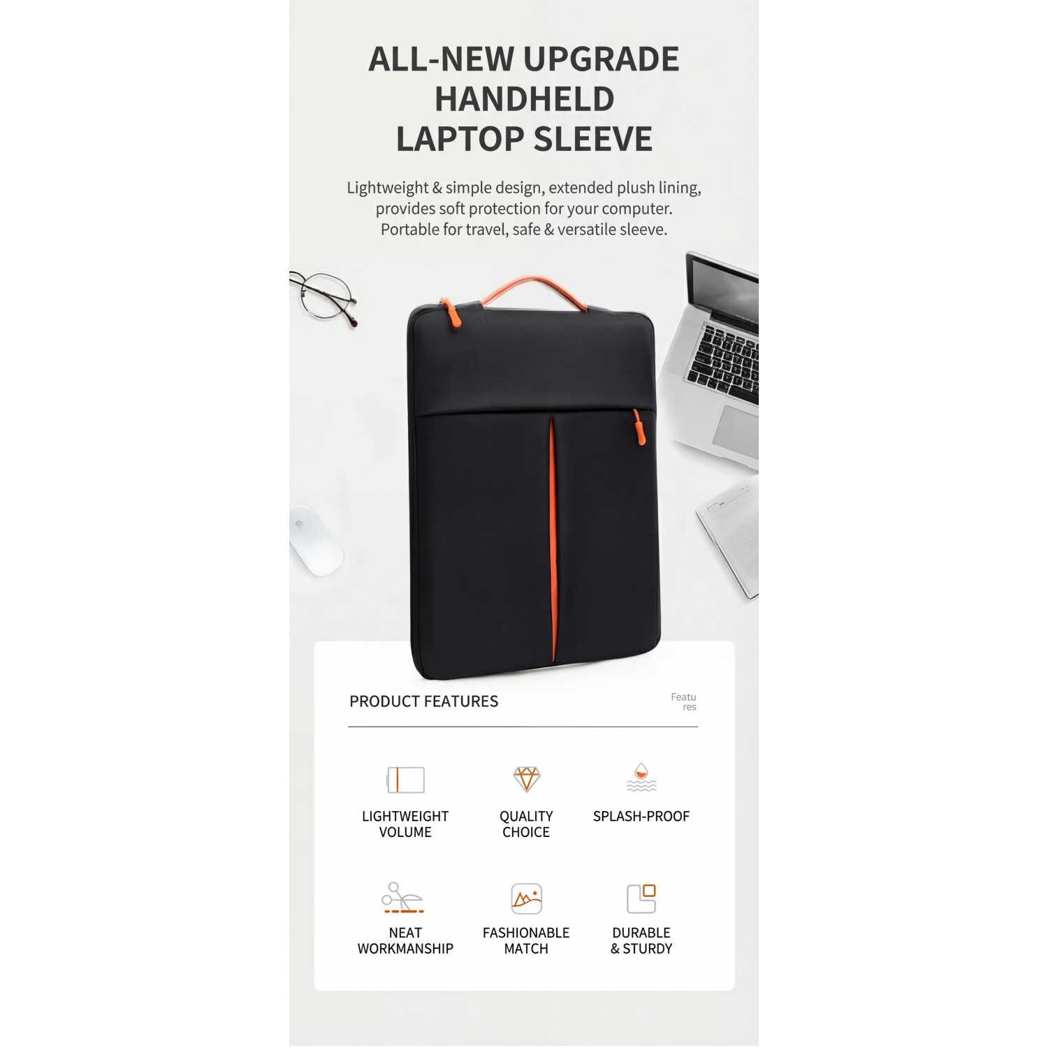 Schwarze Laptoptasche mit orangen Akzenten, neben einem Laptop.