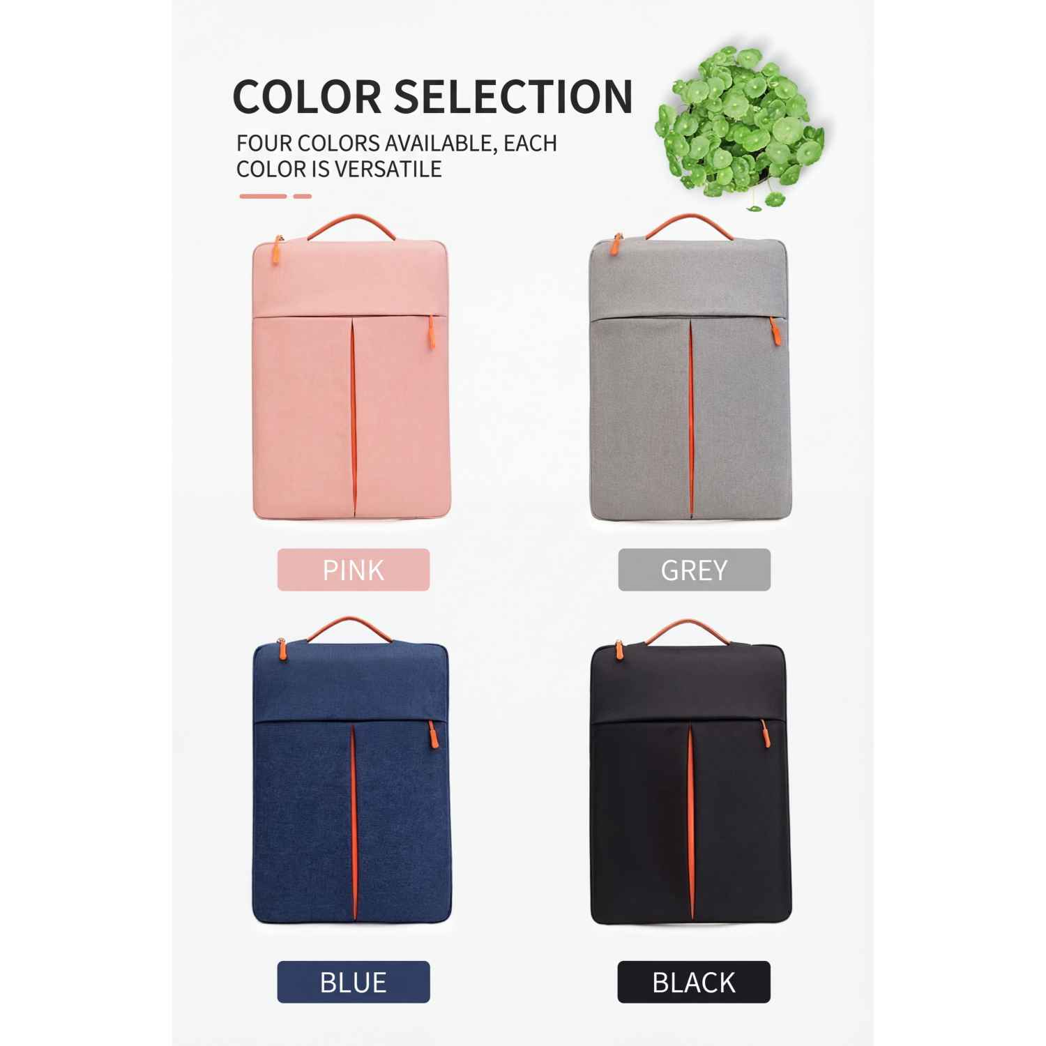 Vier Laptoptaschen in Rosa, Grau, Blau und Schwarz mit orangen Akzenten.