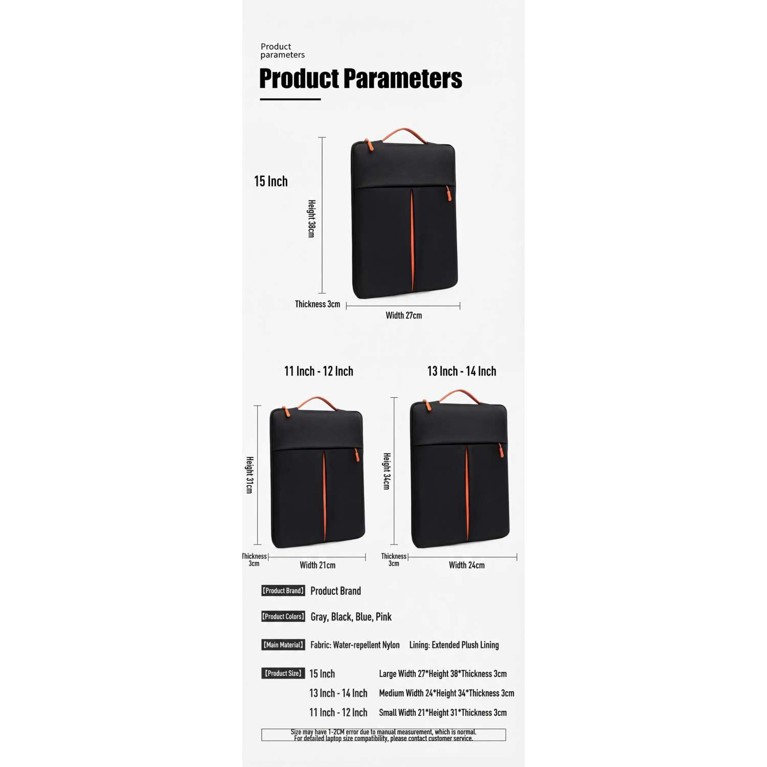 Produktparameter für Laptoptaschen in drei Größen: 15 Zoll, 11-12 Zoll und 13-14 Zoll.