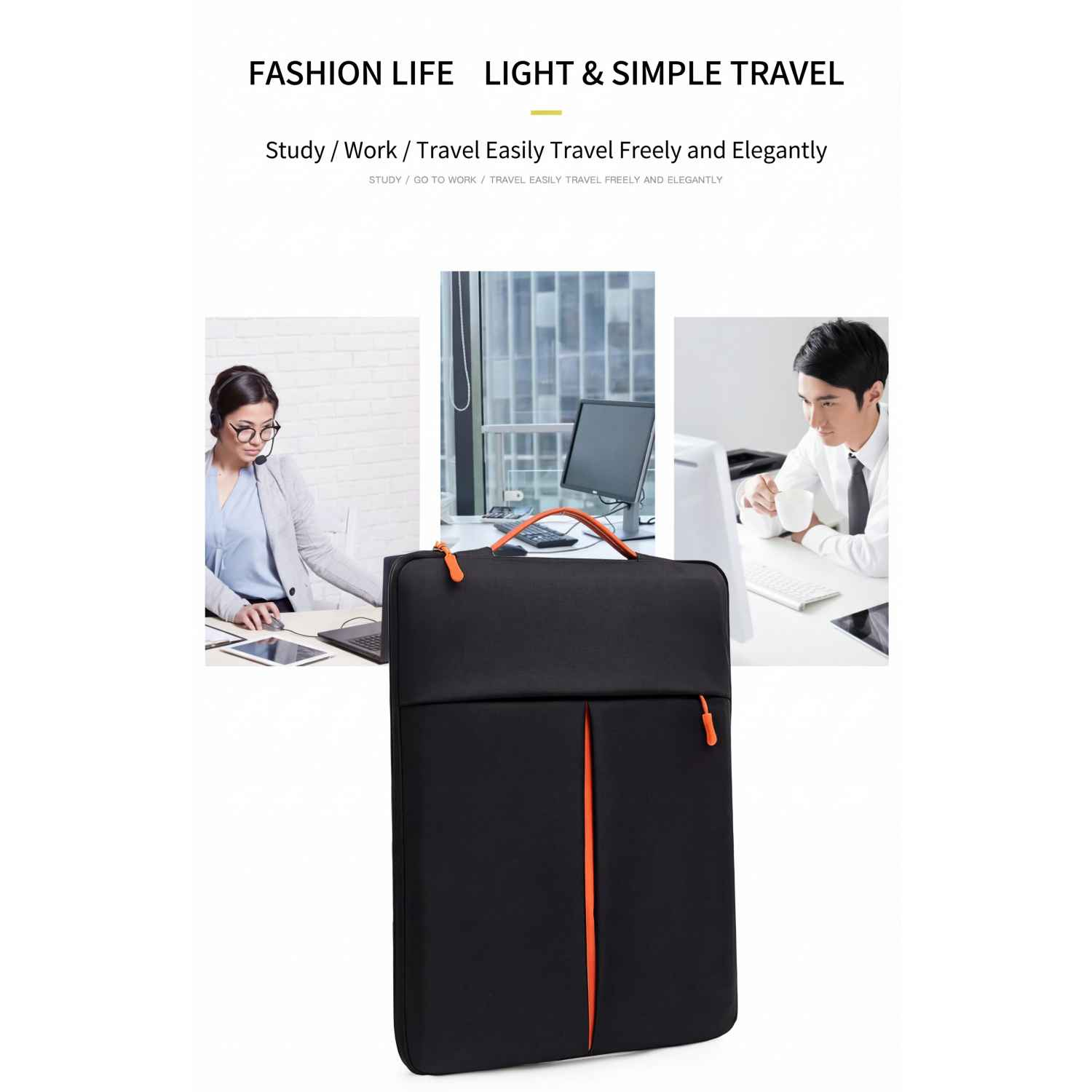 Schwarze Laptoptasche mit orangefarbenen Akzenten, vor Büroarbeitern.