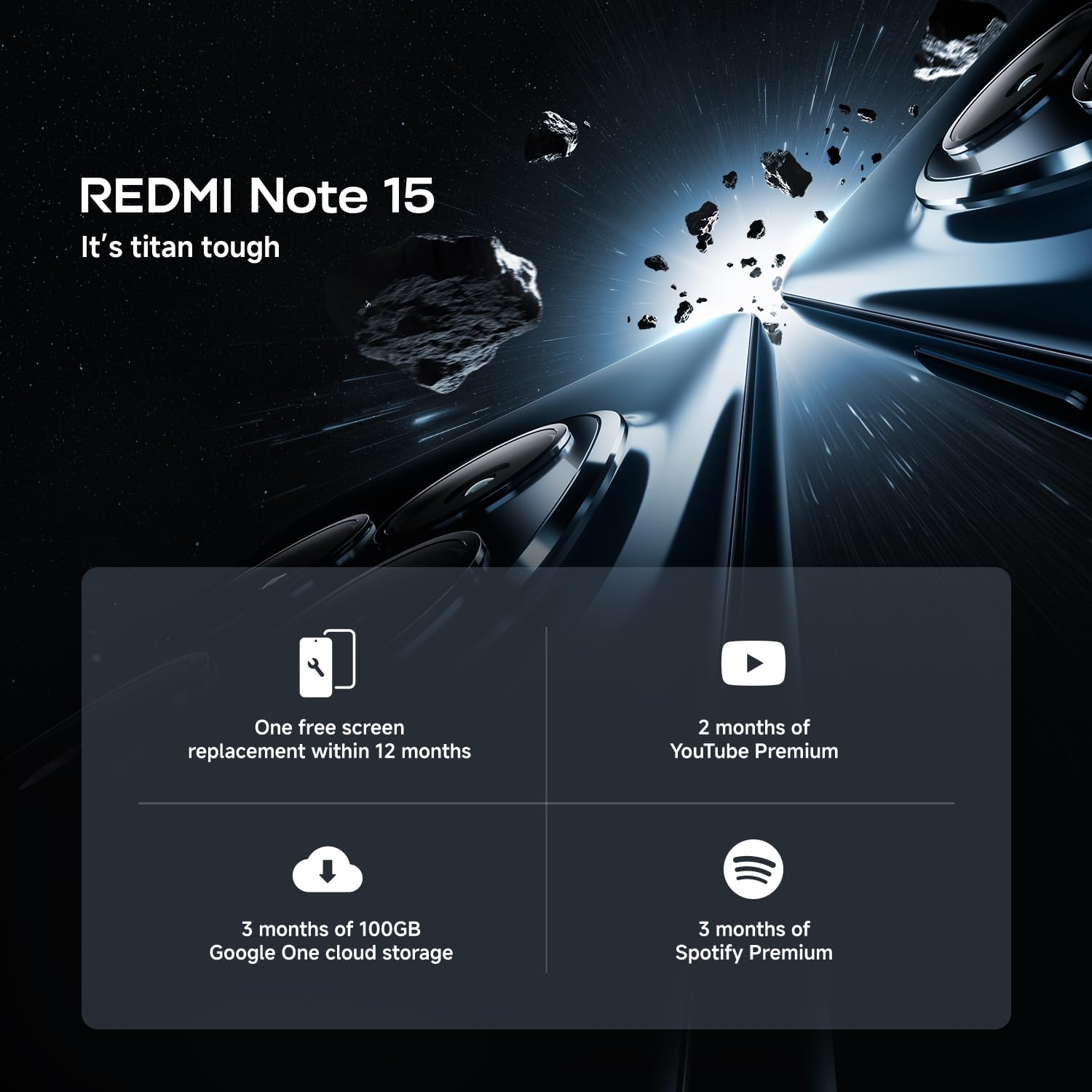 Redmi Note 15 Handy im Weltraum mit Asteroiden. Angebote: kostenloser Bildschirmaustausch, YouTube Premium, Google One, Spotify Premium.