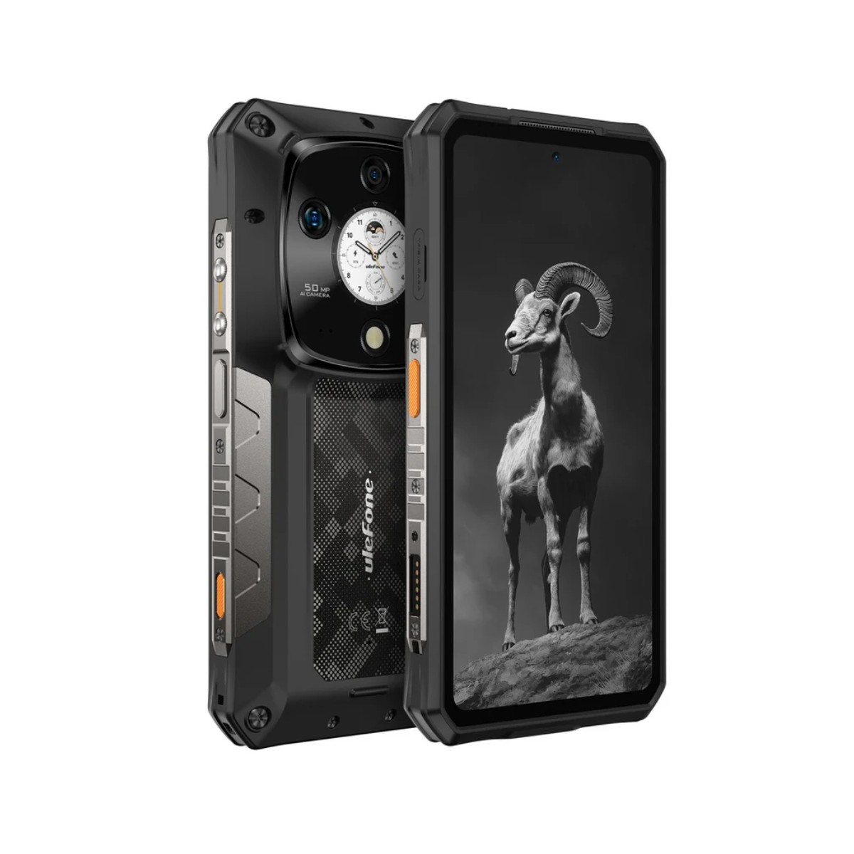 Wytrzymały smartfon z tylną kamerą i baranem na ekranie.