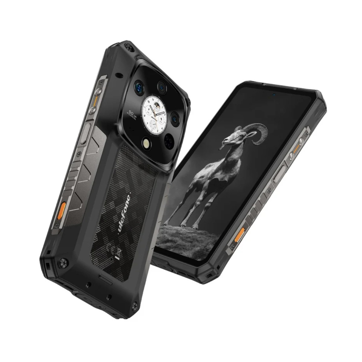 Dwa wytrzymałe smartfony obok siebie, jeden z baranem na ekranie.