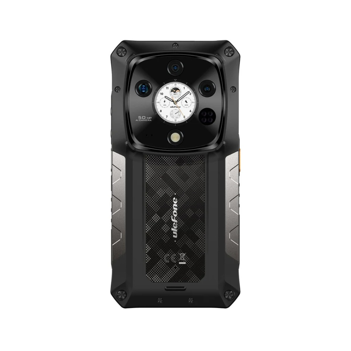 Tył czarnego, wytrzymałego smartfona z aparatem 50MP i logo Ulefone.