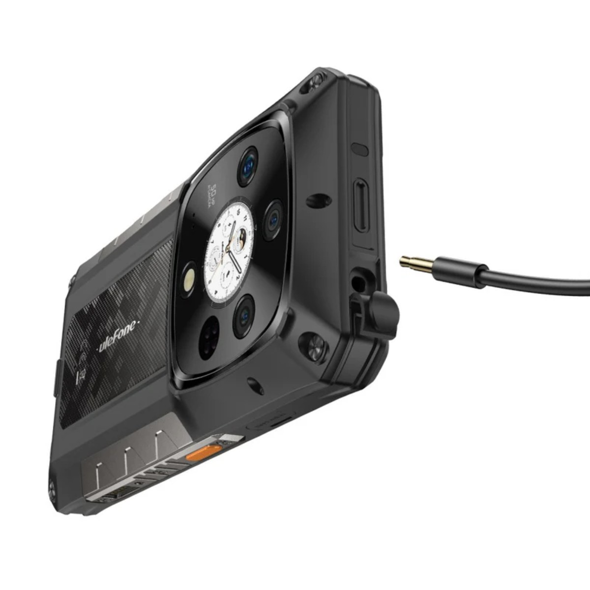 Czarny smartfon z wieloma aparatami i podłączonym kablem.