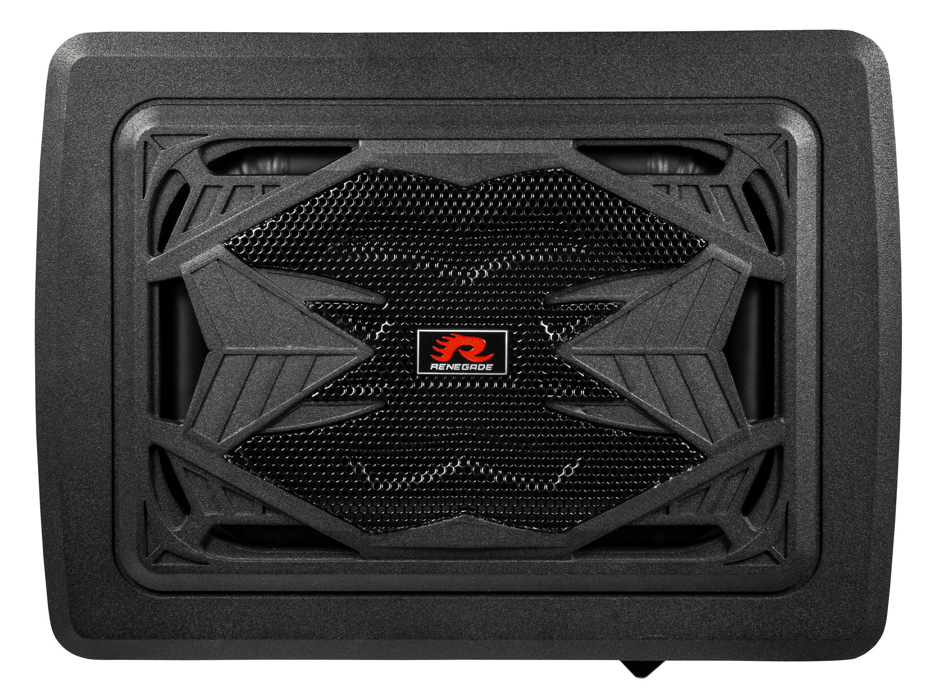 Schwarzer Subwoofer mit Rautenmuster-Abdeckung und rotem Logo.