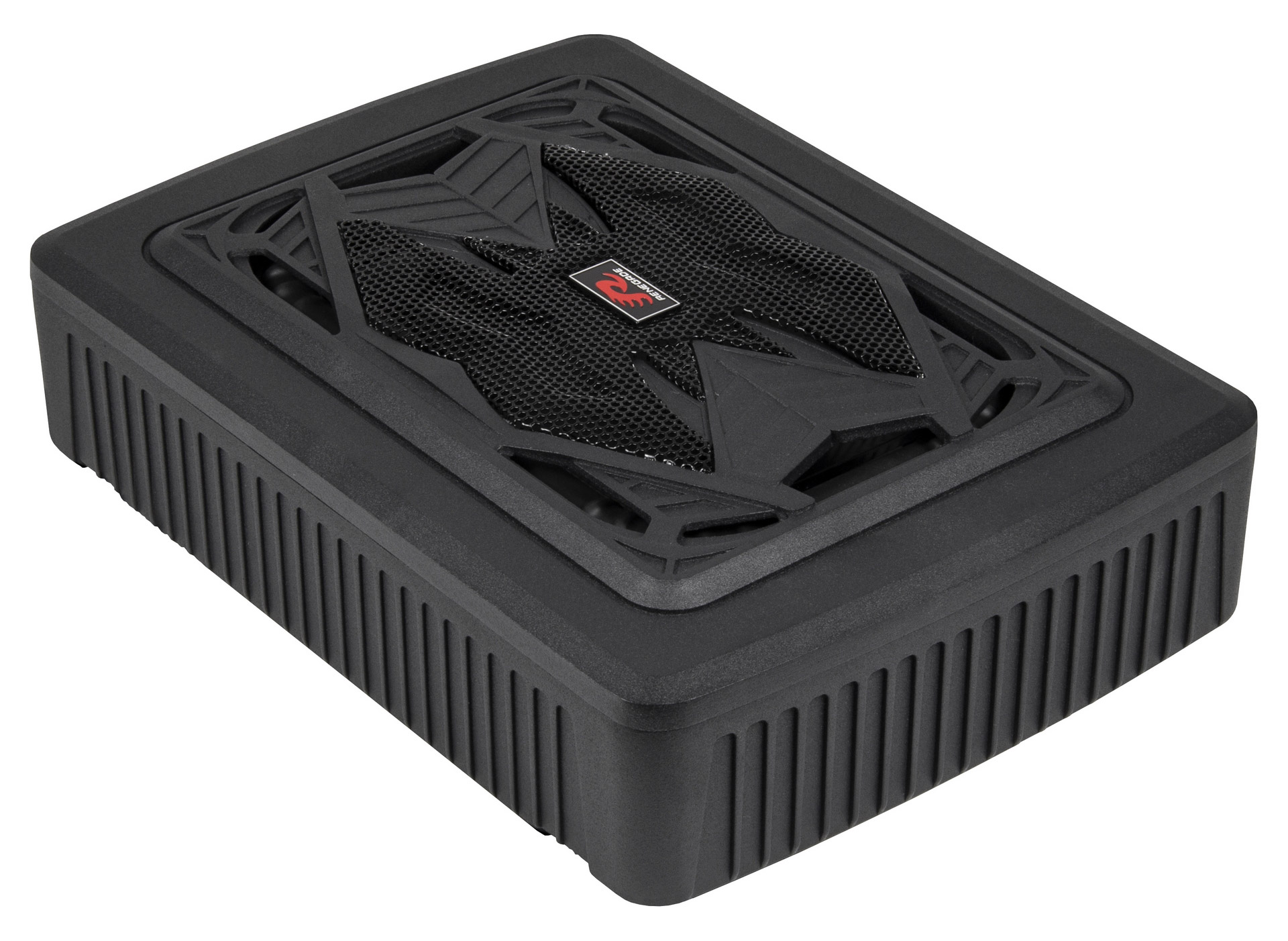 Schwarzer Subwoofer mit gerippten Seiten und einem Gittermuster oben.