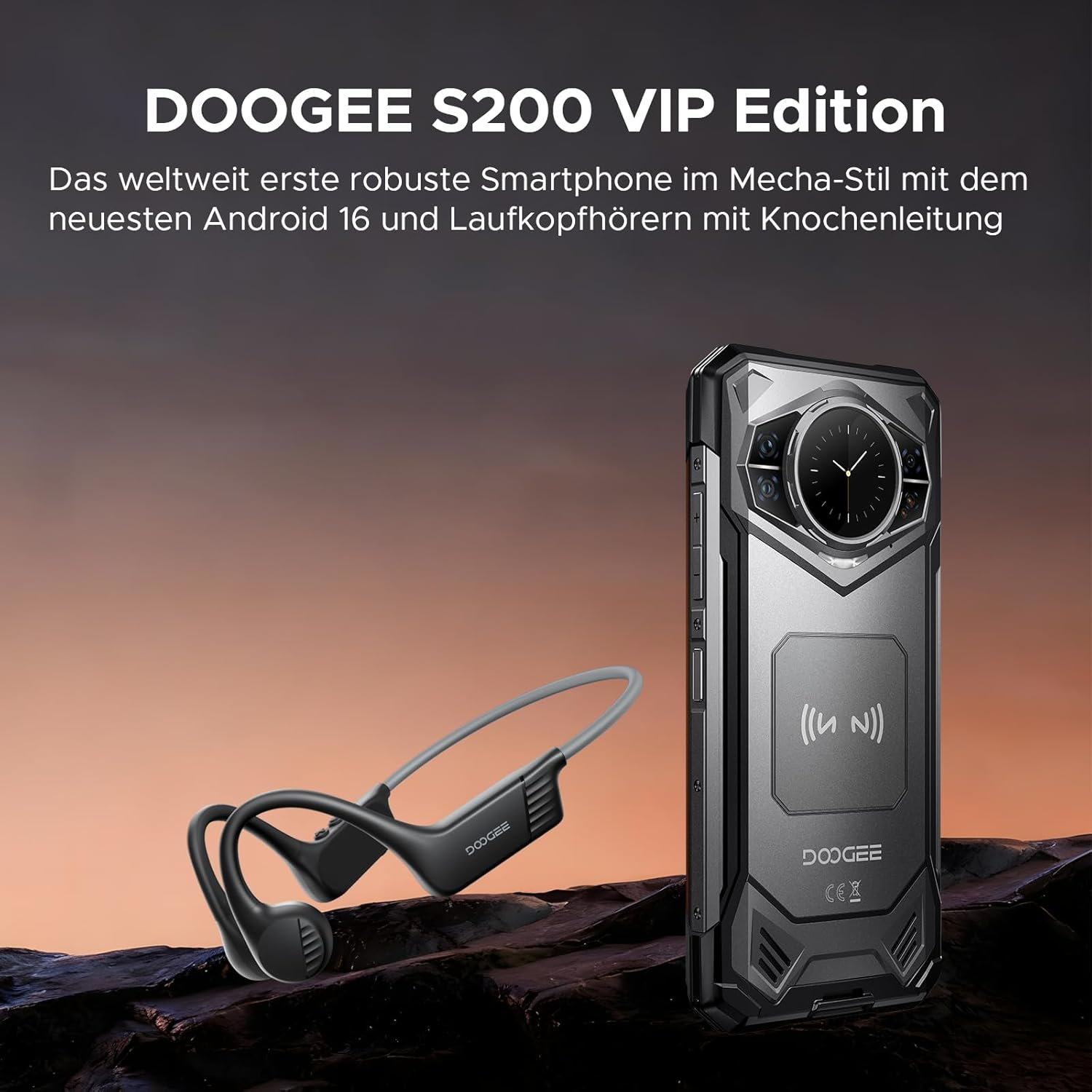 Robustes Smartphone und Knochenschall-Kopfhörer auf felsigem Untergrund.