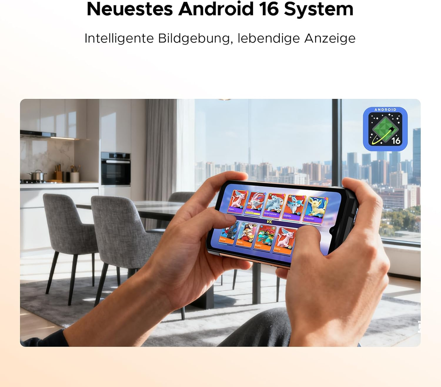 Person spielt ein Spiel auf einem Handy mit Android 16. Küche im Hintergrund.