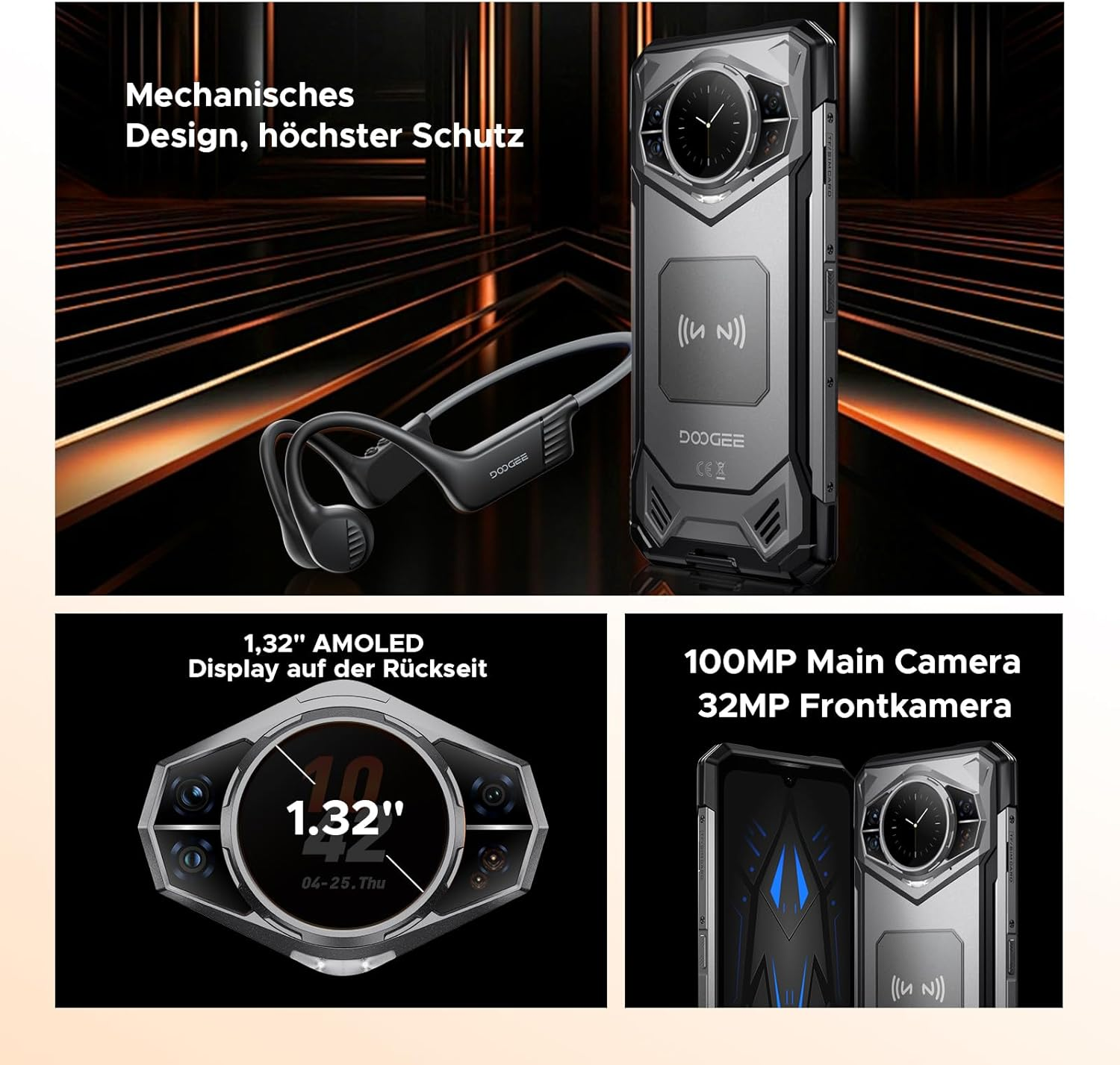 Robustes Smartphone mit rückseitigem Display und Kopfhörern.