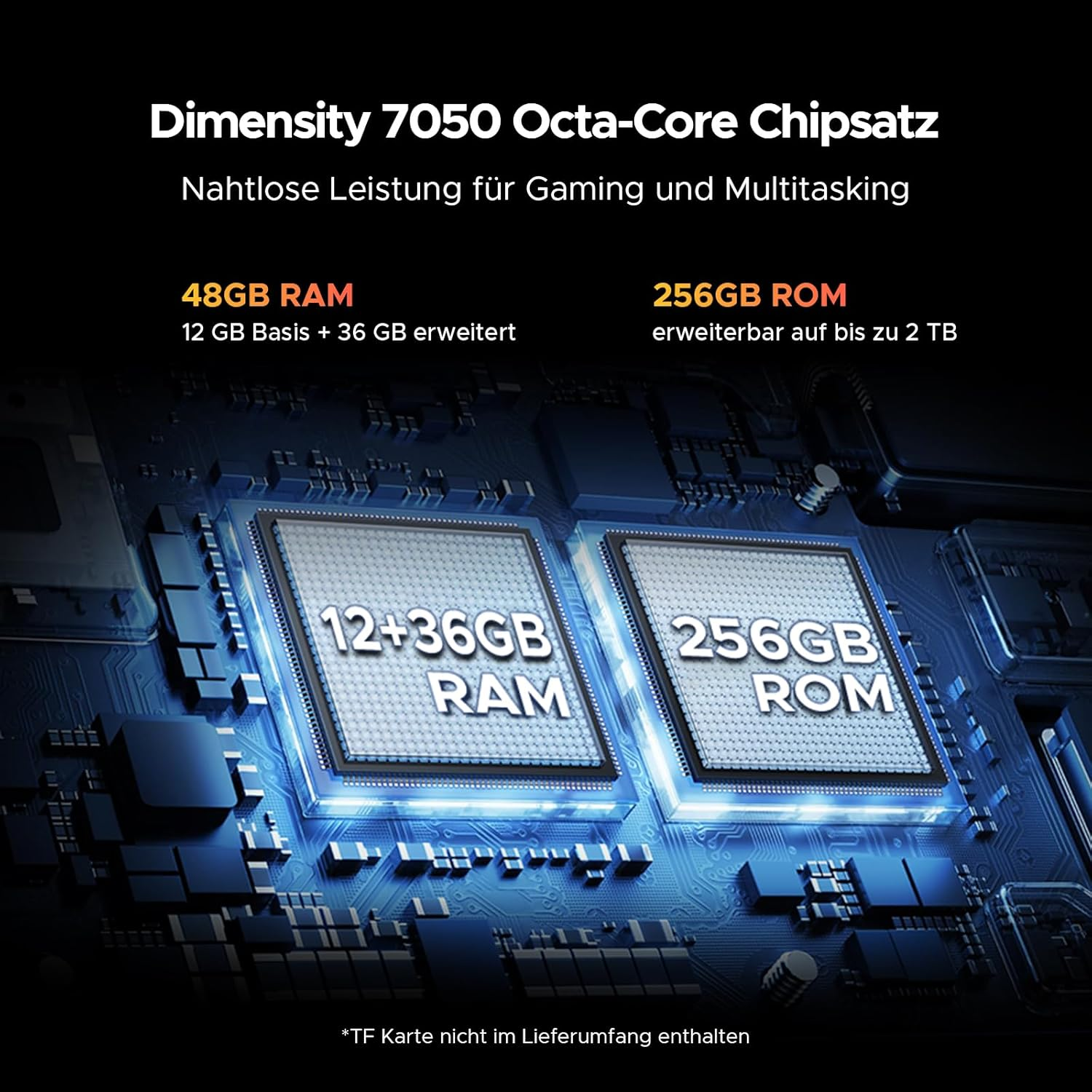 Dimensity 7050 Chipsatz mit 48GB RAM und 256GB ROM, ideal für Gaming.