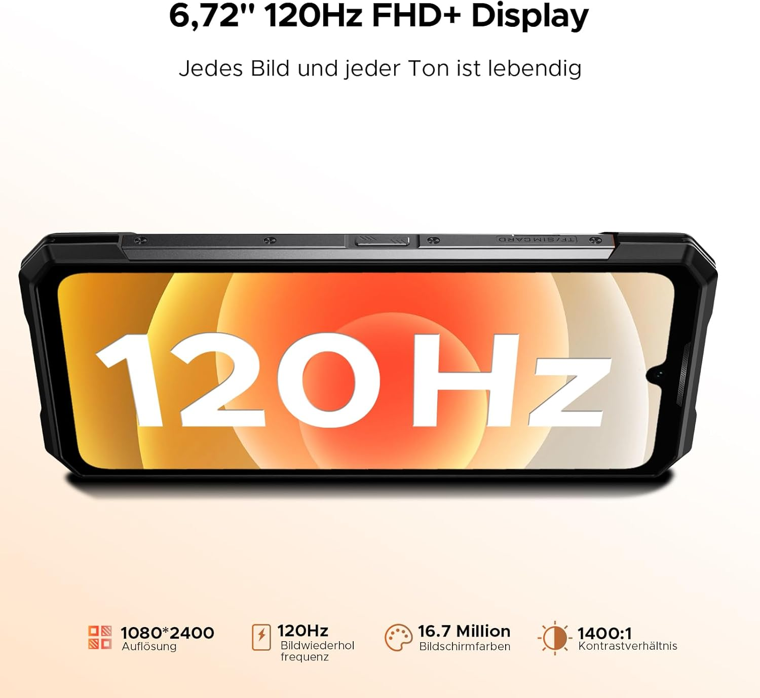 Ein Smartphone mit 120Hz FHD+ Display. Das "120Hz" wird groß angezeigt.
