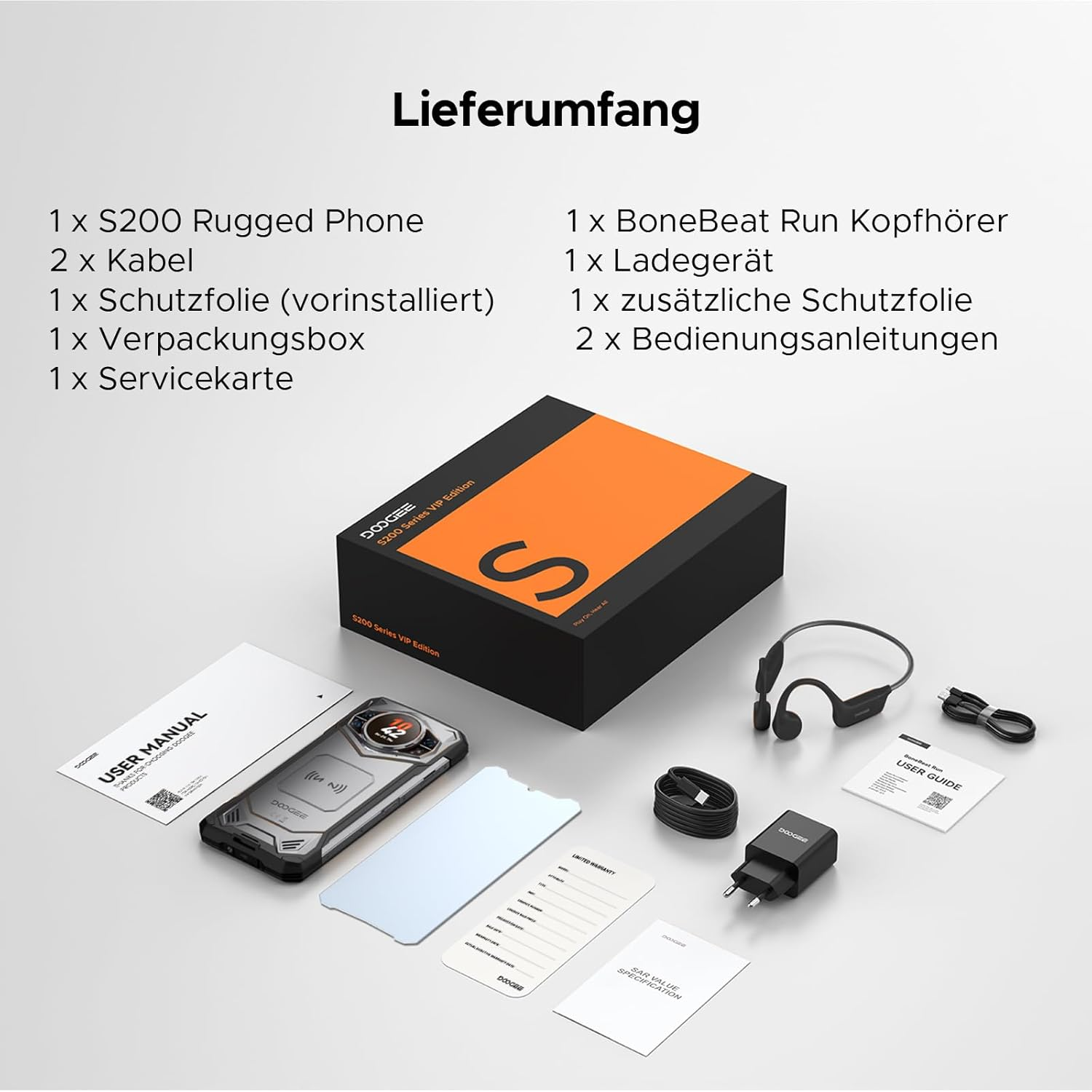 Lieferumfang: S200 Rugged Phone, Kopfhörer, Ladekabel, Zubehör.