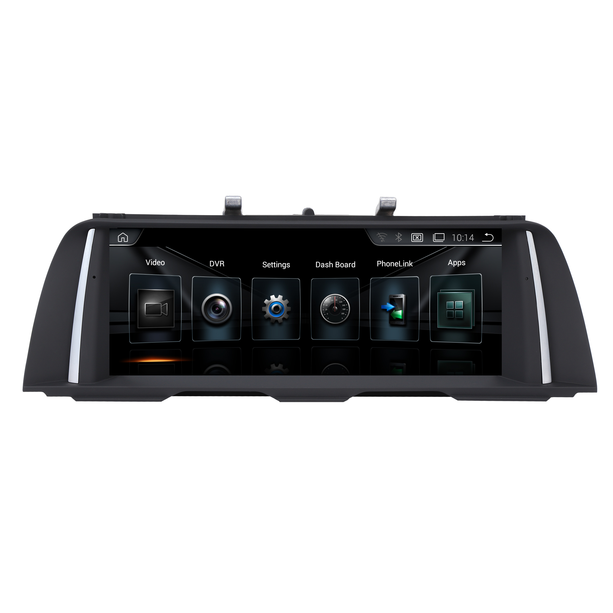 Ein Autoradio-Bildschirm mit Symbolen für Video, DVR, Einstellungen, Armaturenbrett und PhoneLink.