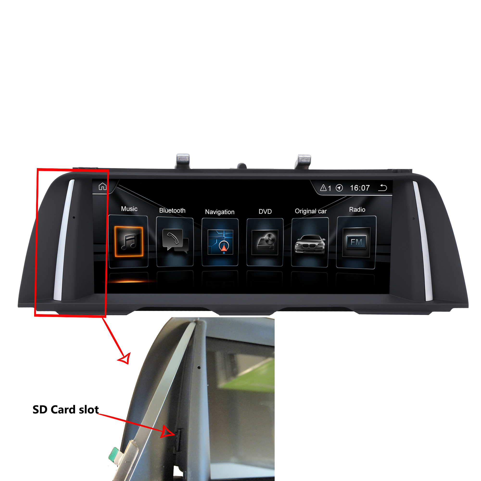 Ein Auto-Infotainment-Bildschirm mit Menüoptionen und SD-Kartensteckplatz.