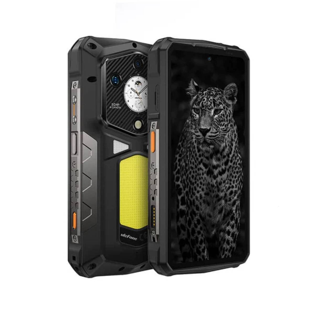 Wytrzymały smartfon z obrazem lamparta na ekranie i tylnym modułem aparatu.