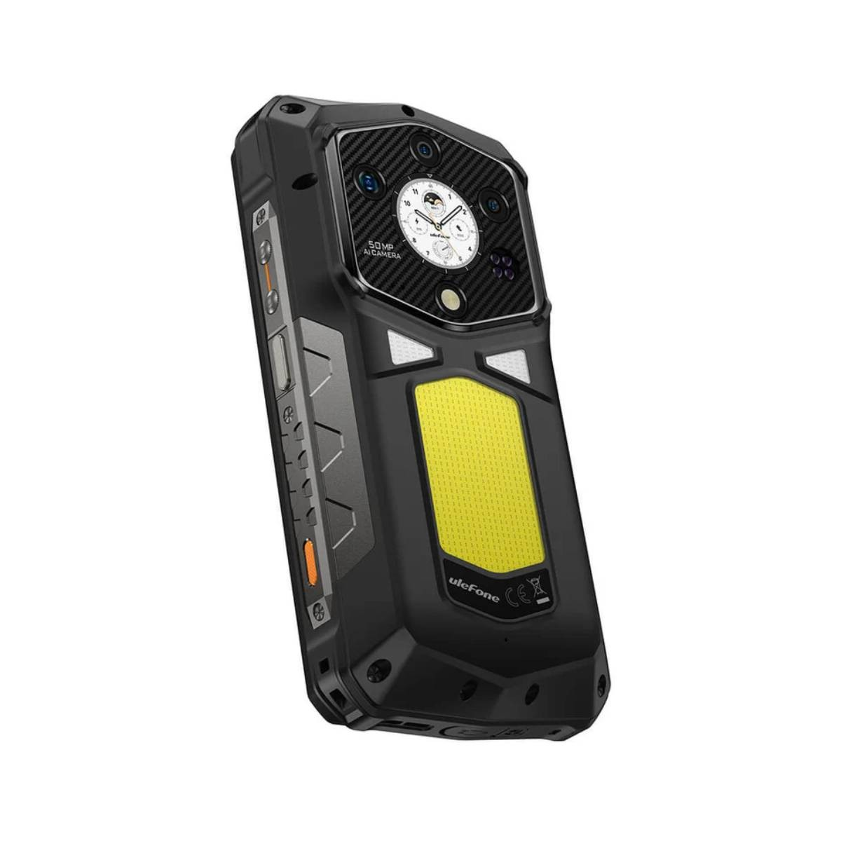 Wytrzymały smartfon z żółtą wstawką i tylnym aparatem AI 50MP.