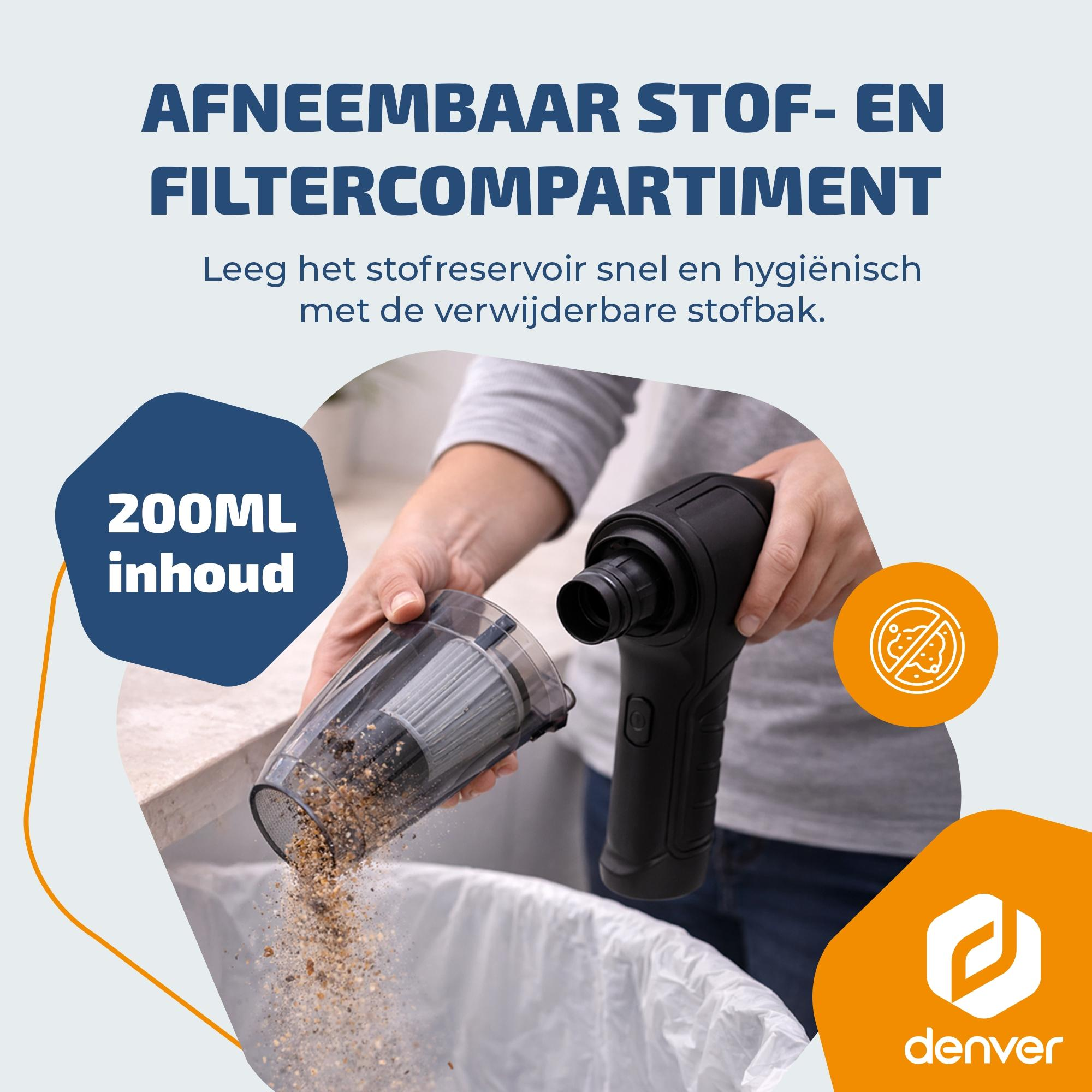 Personne vidant le bac à poussière dans une poubelle, 200ml.