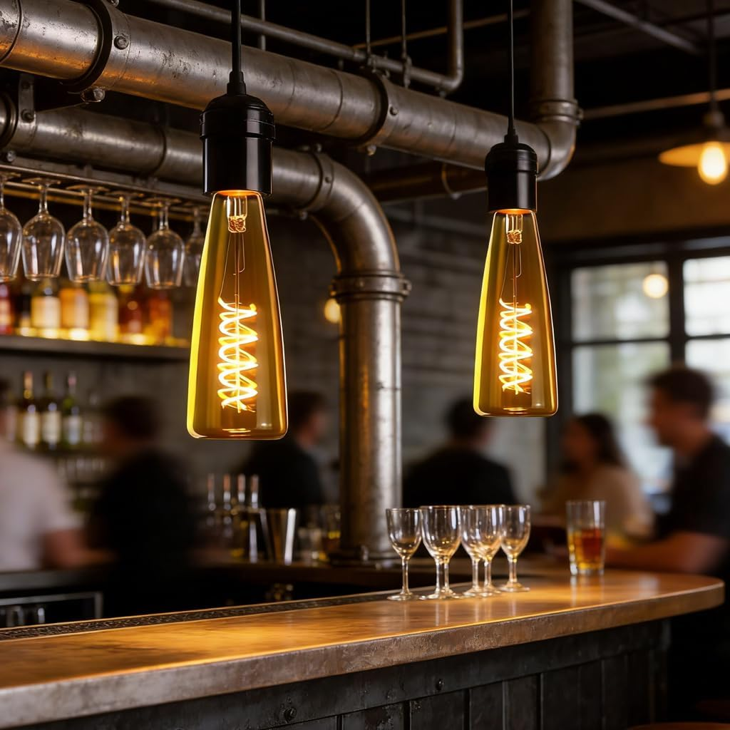 Due lampadine Edison illuminano un bar con bicchieri e avventori sullo sfondo.