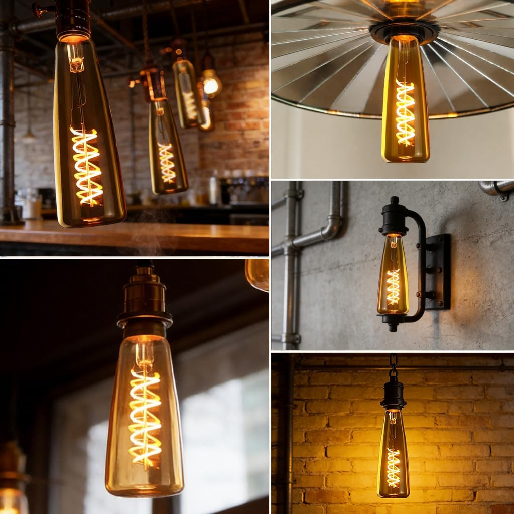 Lampadine Edison con filamenti a spirale visibili in vari ambienti.