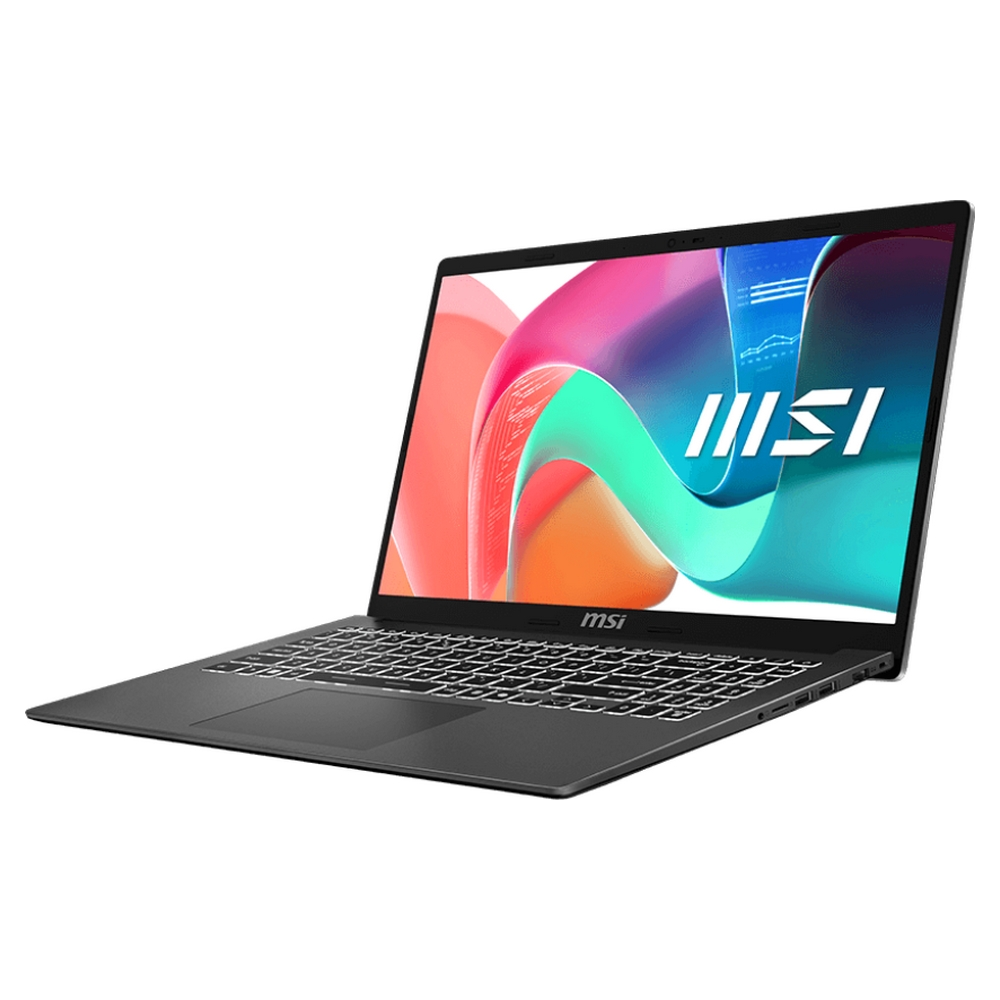 Un laptop MSI nero con uno sfondo astratto e colorato sullo schermo.