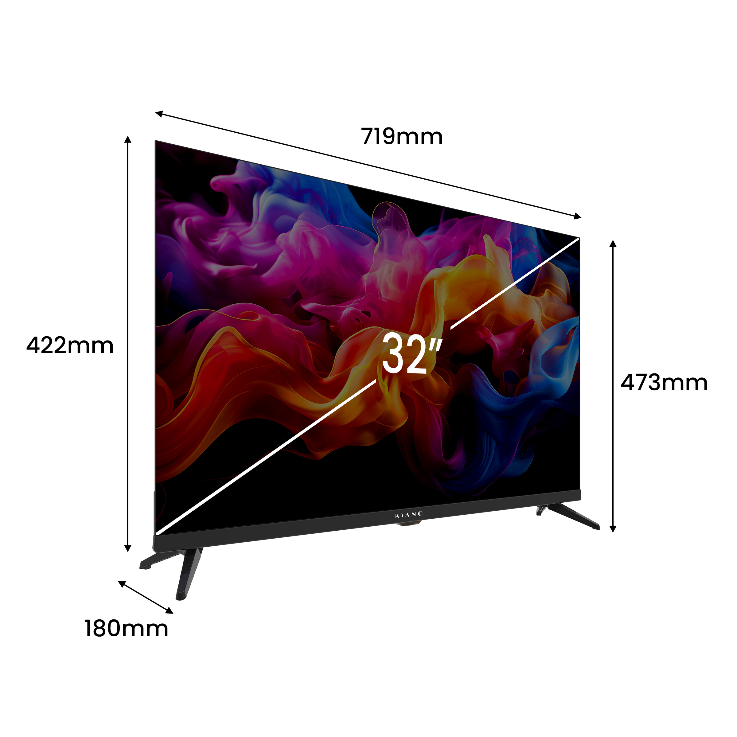 32-Zoll-Fernseher mit farbigen Rauchwolken-Hintergrund und Abmessungen.