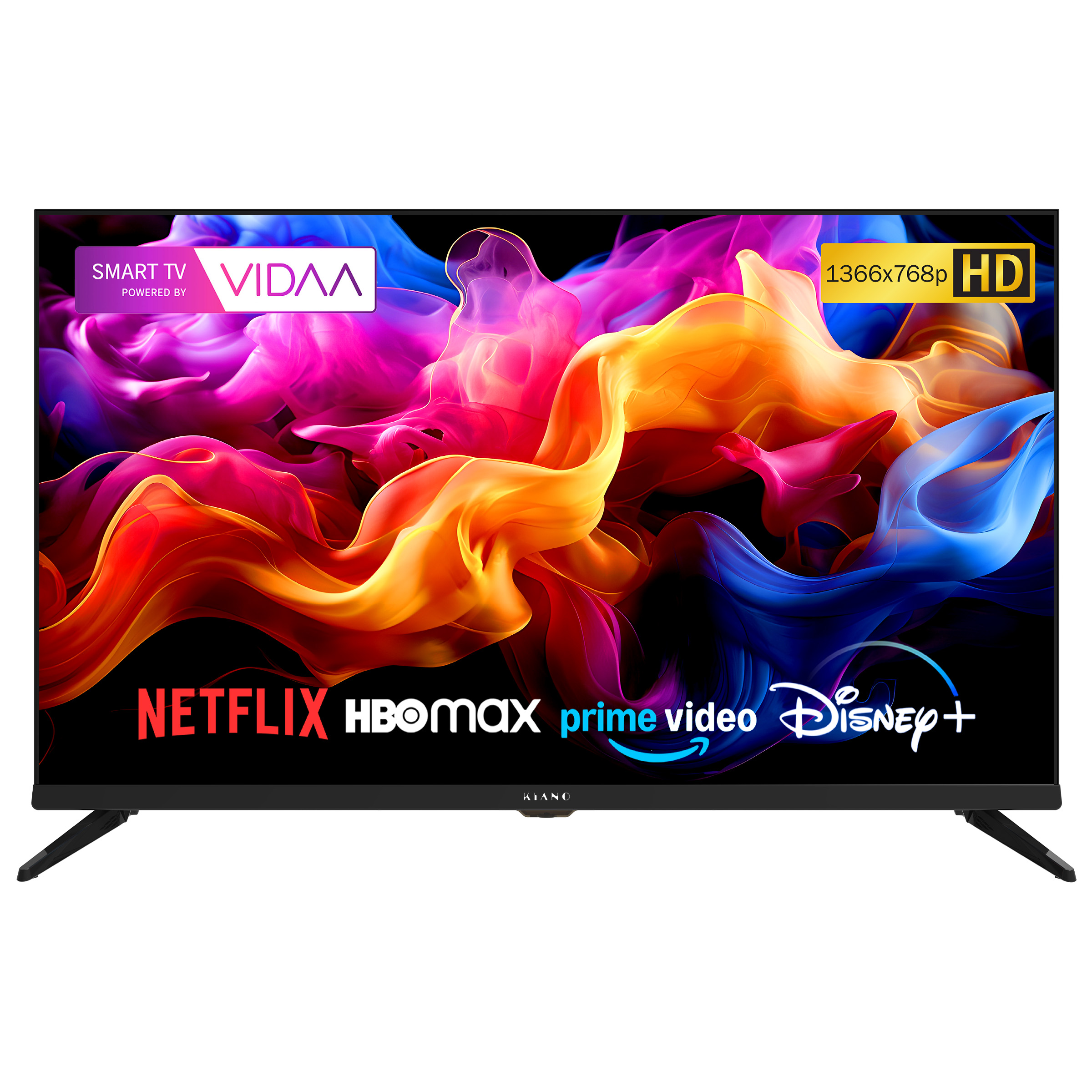 Ein schwarzer Smart-TV mit VIDAA-Logo und bunter Rauchgrafik. Zeigt Netflix, HBO Max, Prime Video, Disney+.