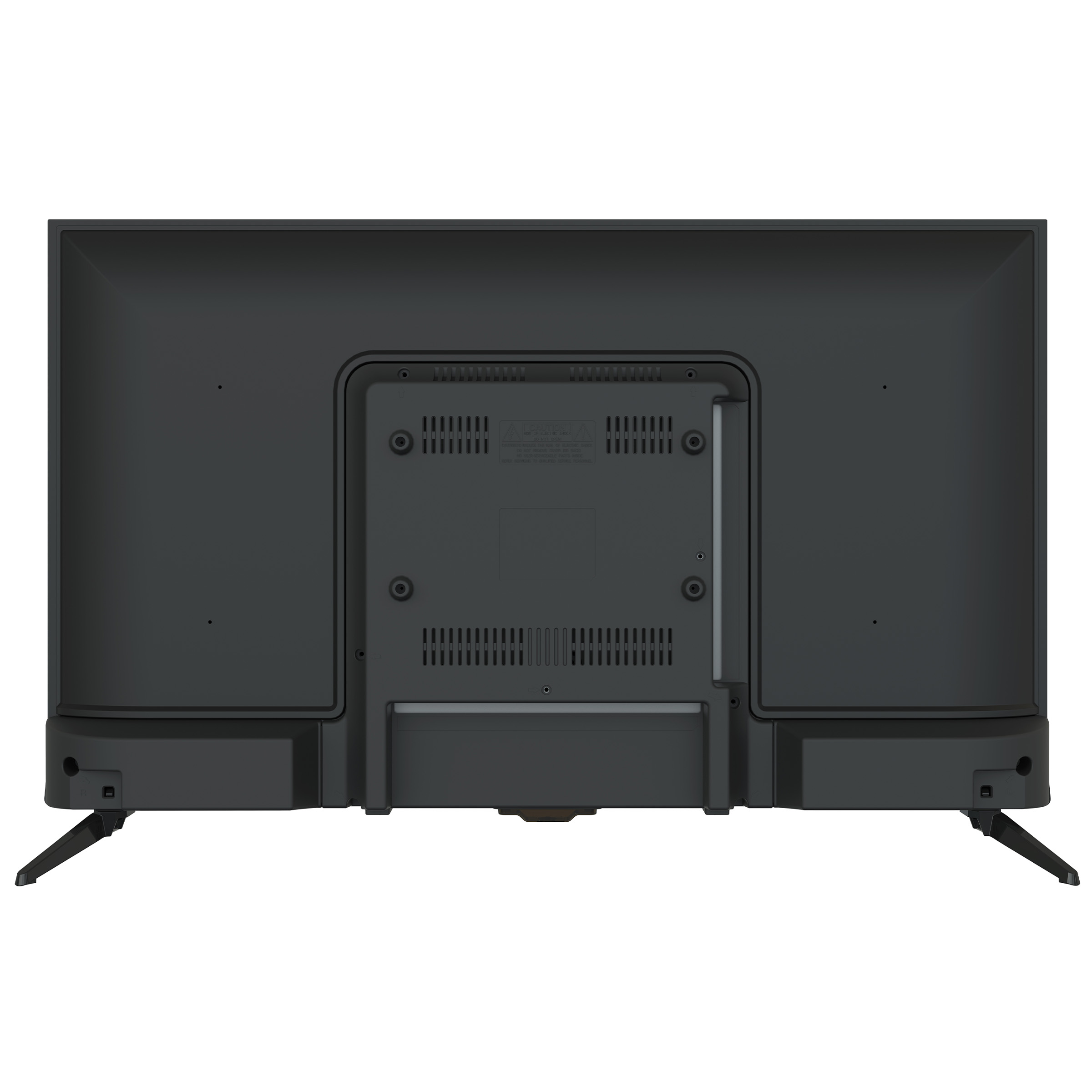 Tył czarnego telewizora z widocznym stojakiem i otworami wentylacyjnymi.