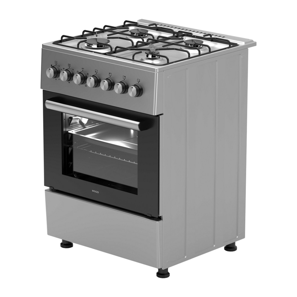 Een zilveren gasfornuis met vier branders, een ovendeur en bedieningsknoppen.