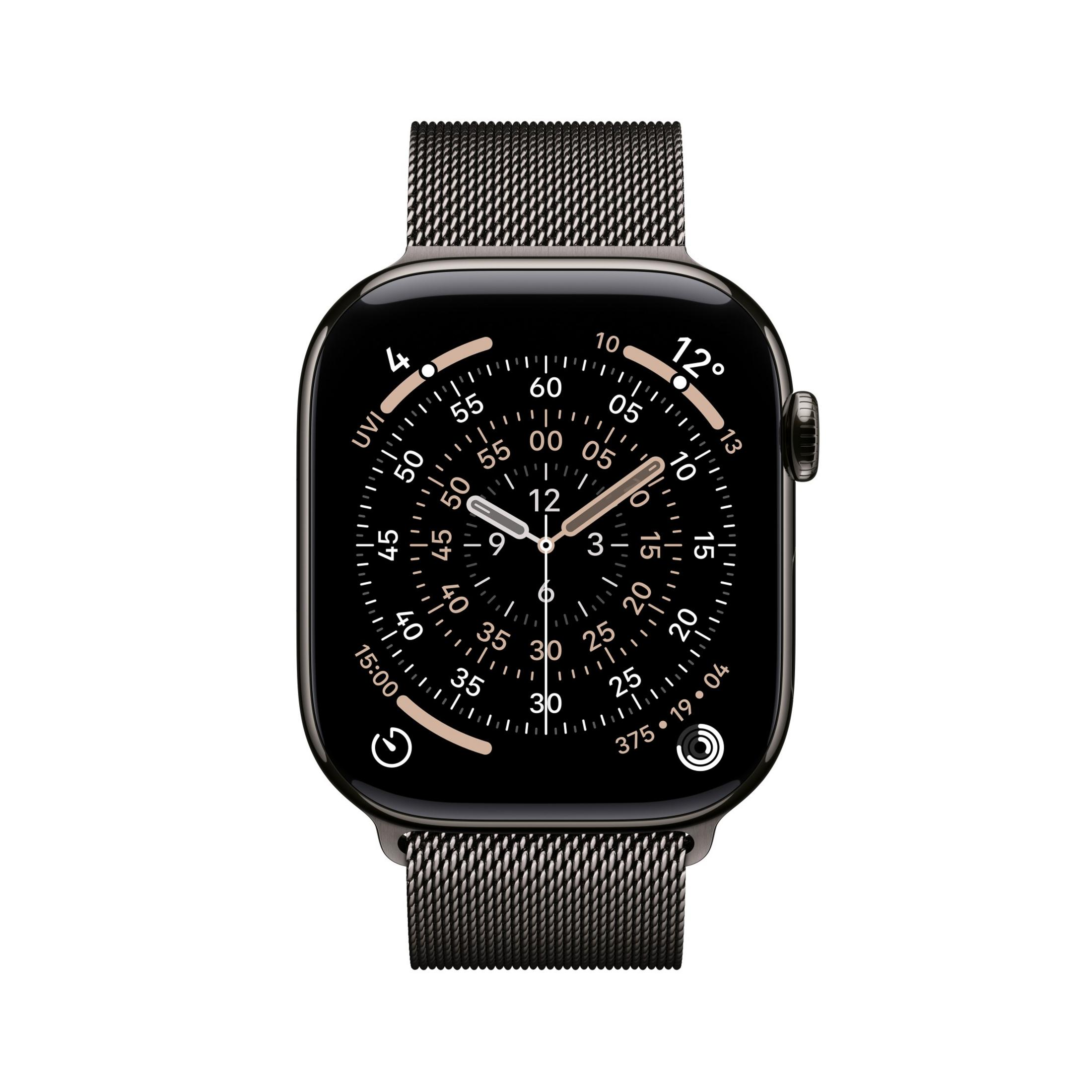 Uno smartwatch scuro con cinturino milanese nero e quadrante dettagliato con molti indicatori.
