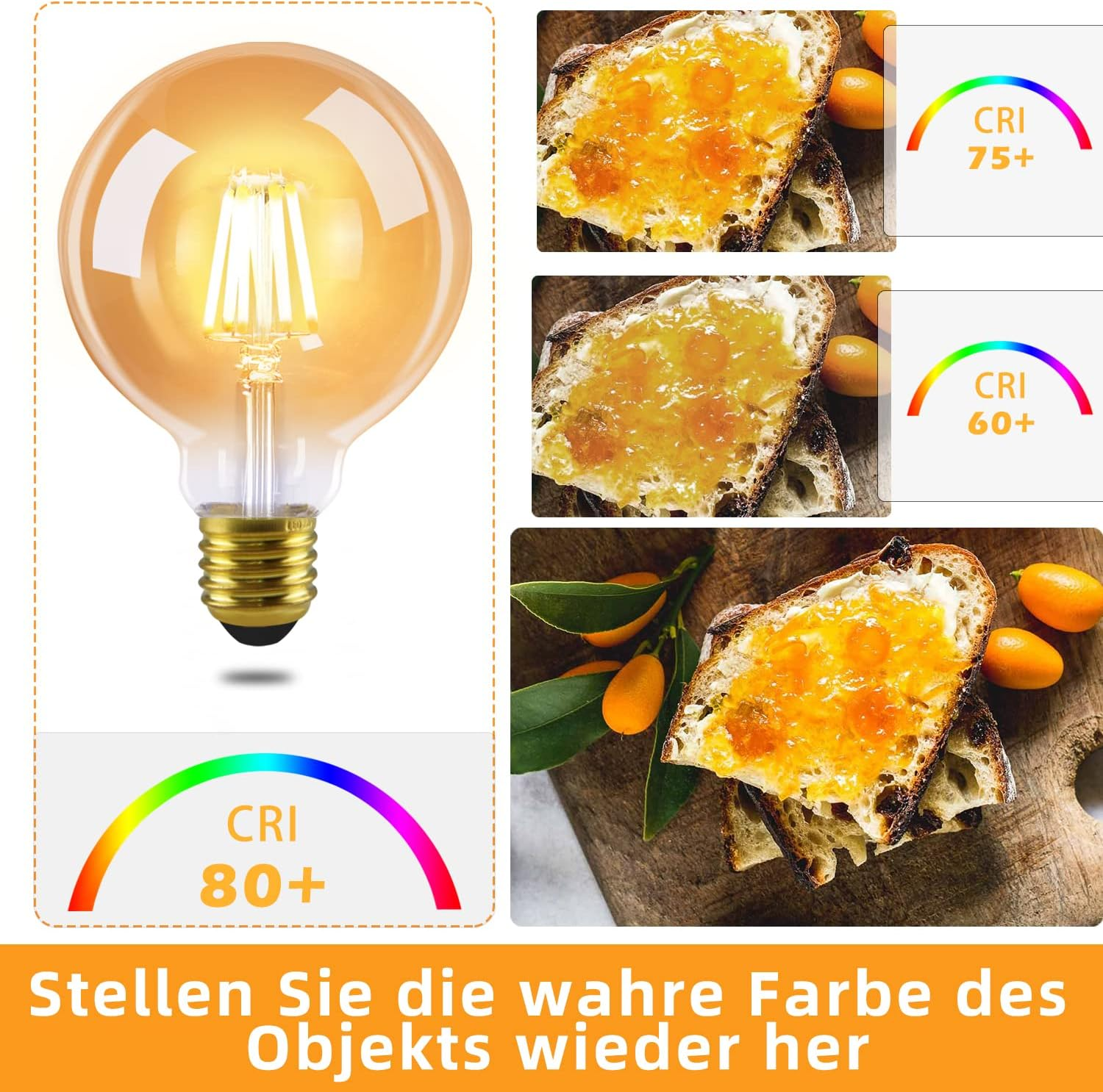 Lampadina ad alta resa cromatica (CRI 80+) accanto a toast con marmellata.