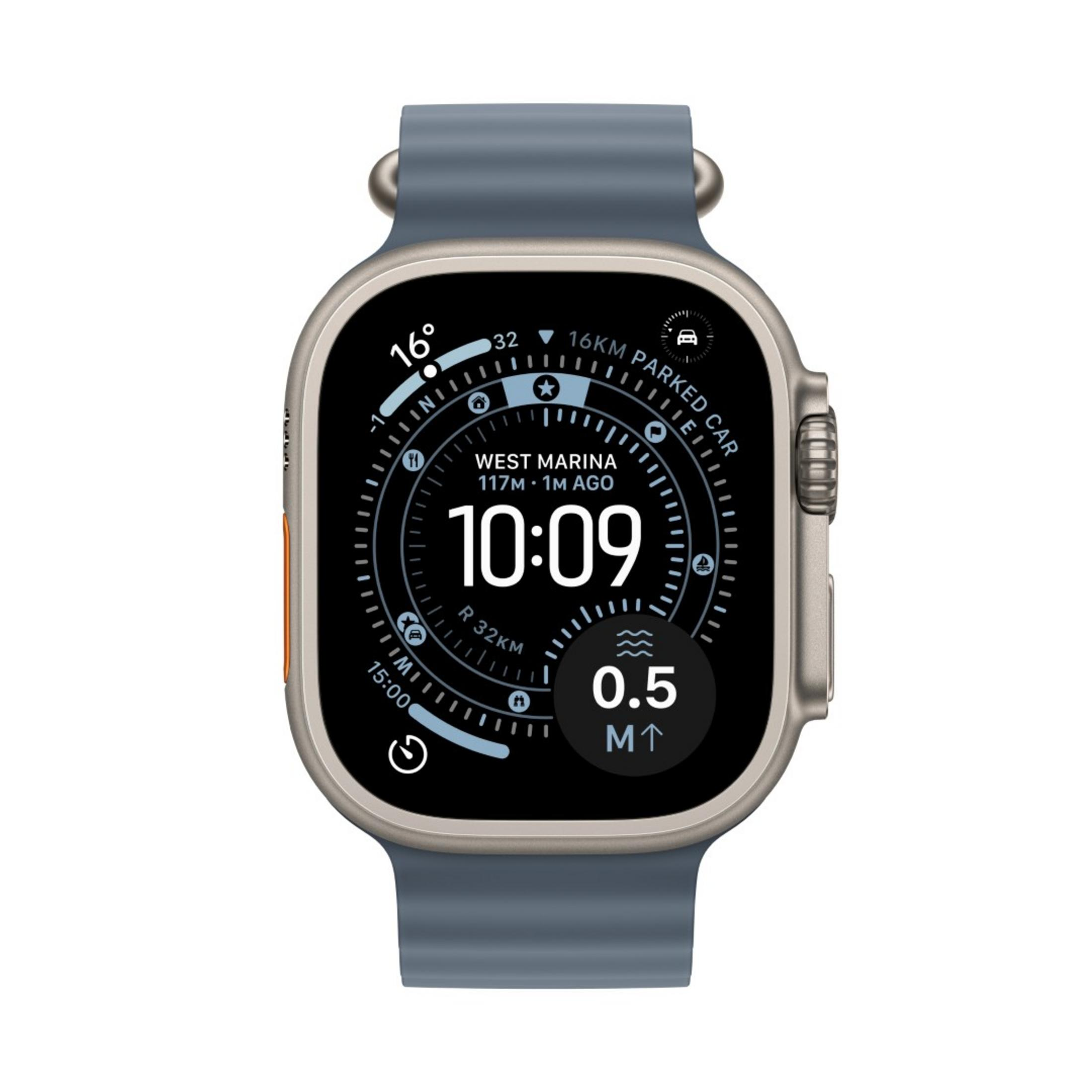 Orologio grigio mostra 16 gradi, 10:09, West Marina, 117m.