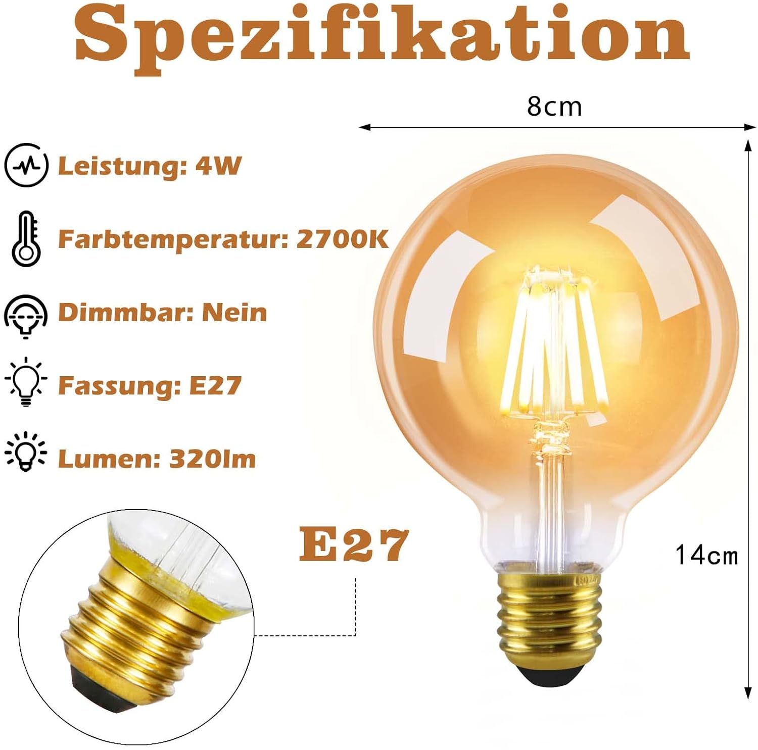 Lampadina LED da 4W, 2700K, 320lm con attacco E27, 8x14cm.