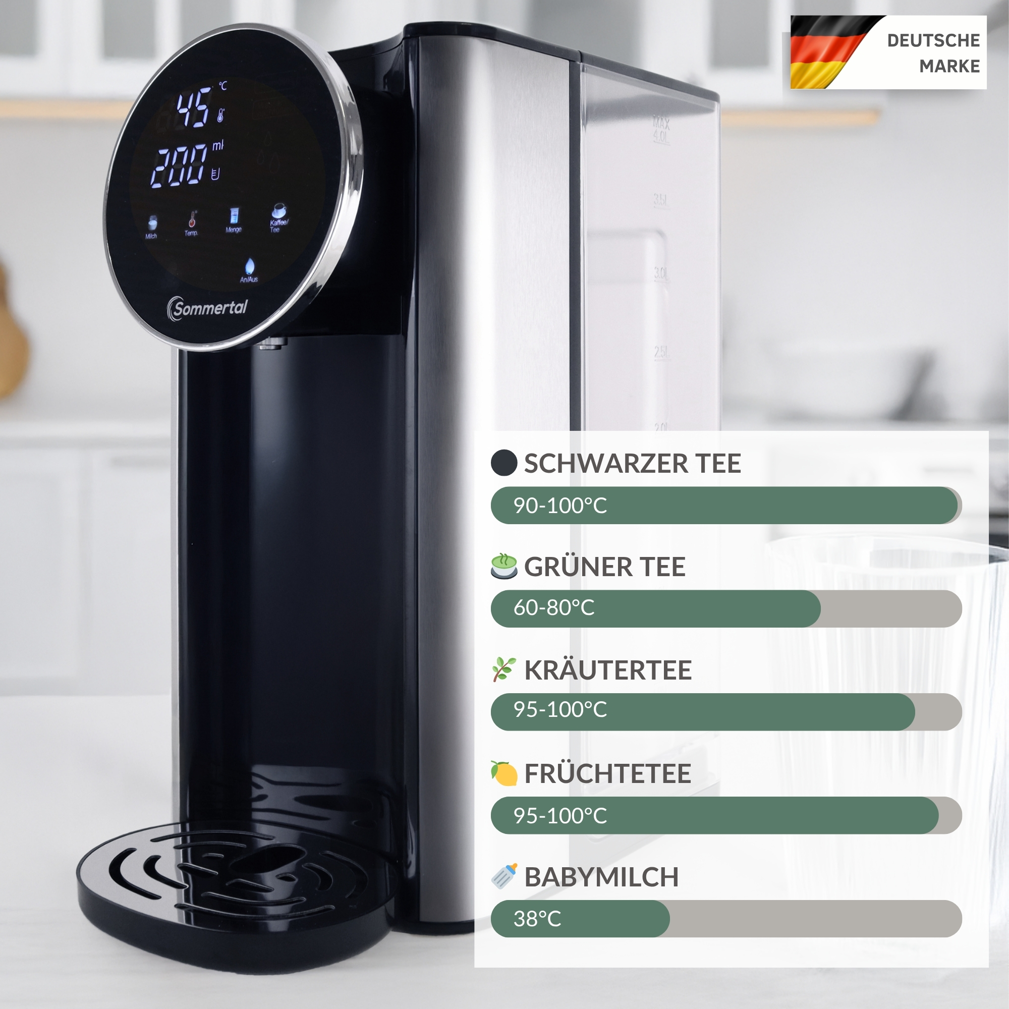 Ein Wasserspender mit digitalem Display und Teeprogrammen.