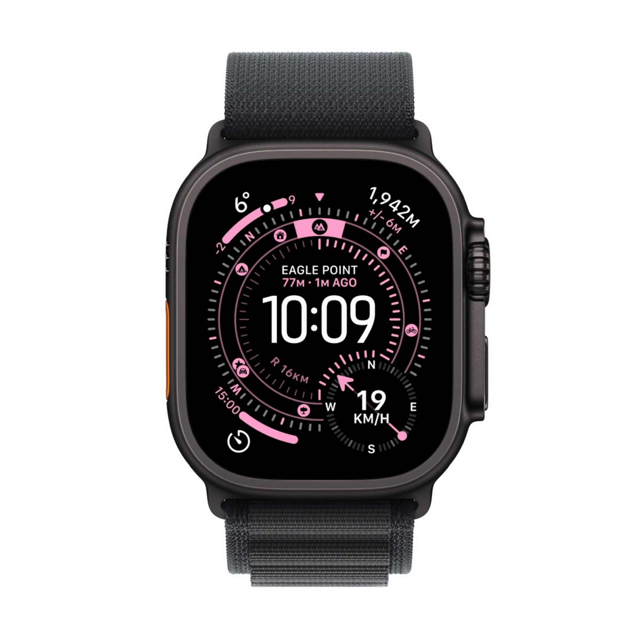 Uno smartwatch nero con cinturino scuro. Lo schermo mostra le 10:09 e dati di navigazione.