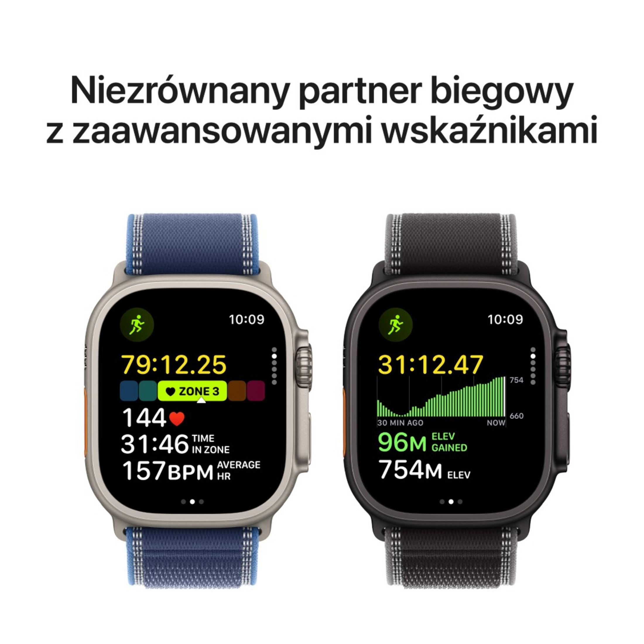 Due Apple Watch mostrano dati sportivi. Uno mostra la frequenza cardiaca, l'altro l'altitudine.