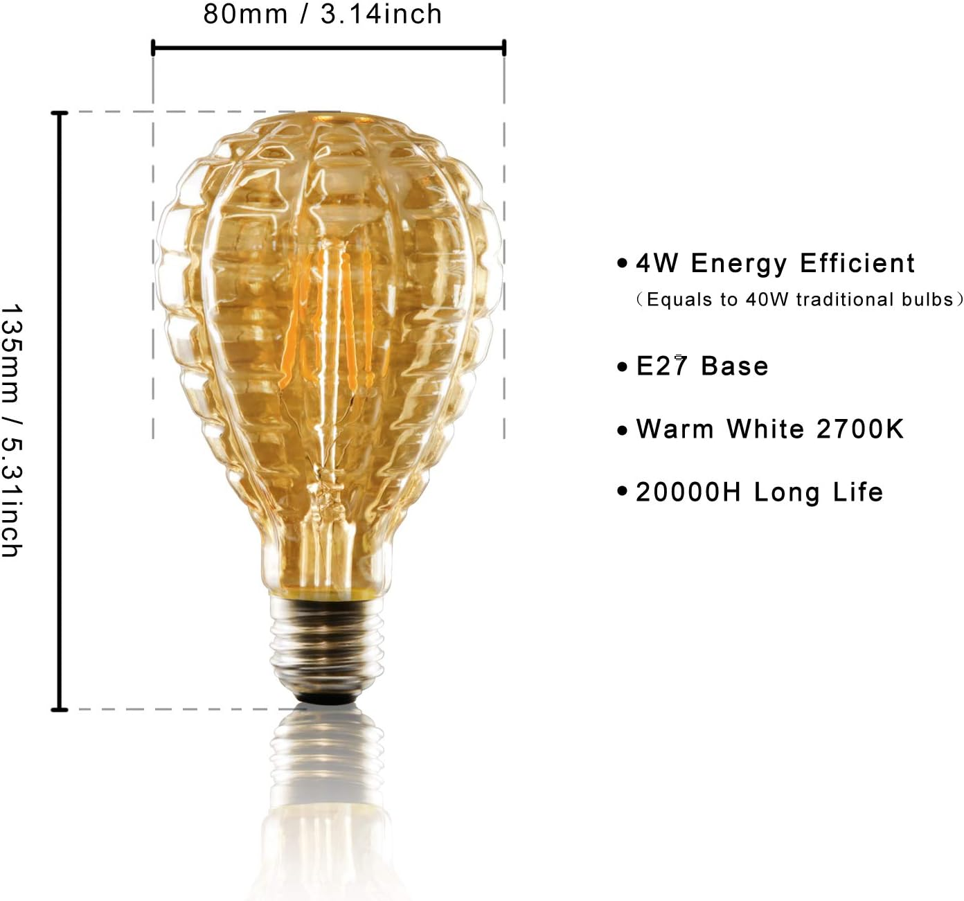 Una lampadina dorata con filamento visibile, 80x135mm.